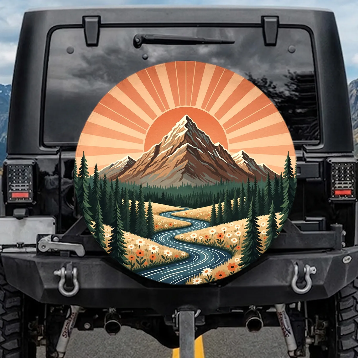 Mountain Range Sun River Forest Daisy Meadow - Nature Lover Gift Spare Tire Cover - 1