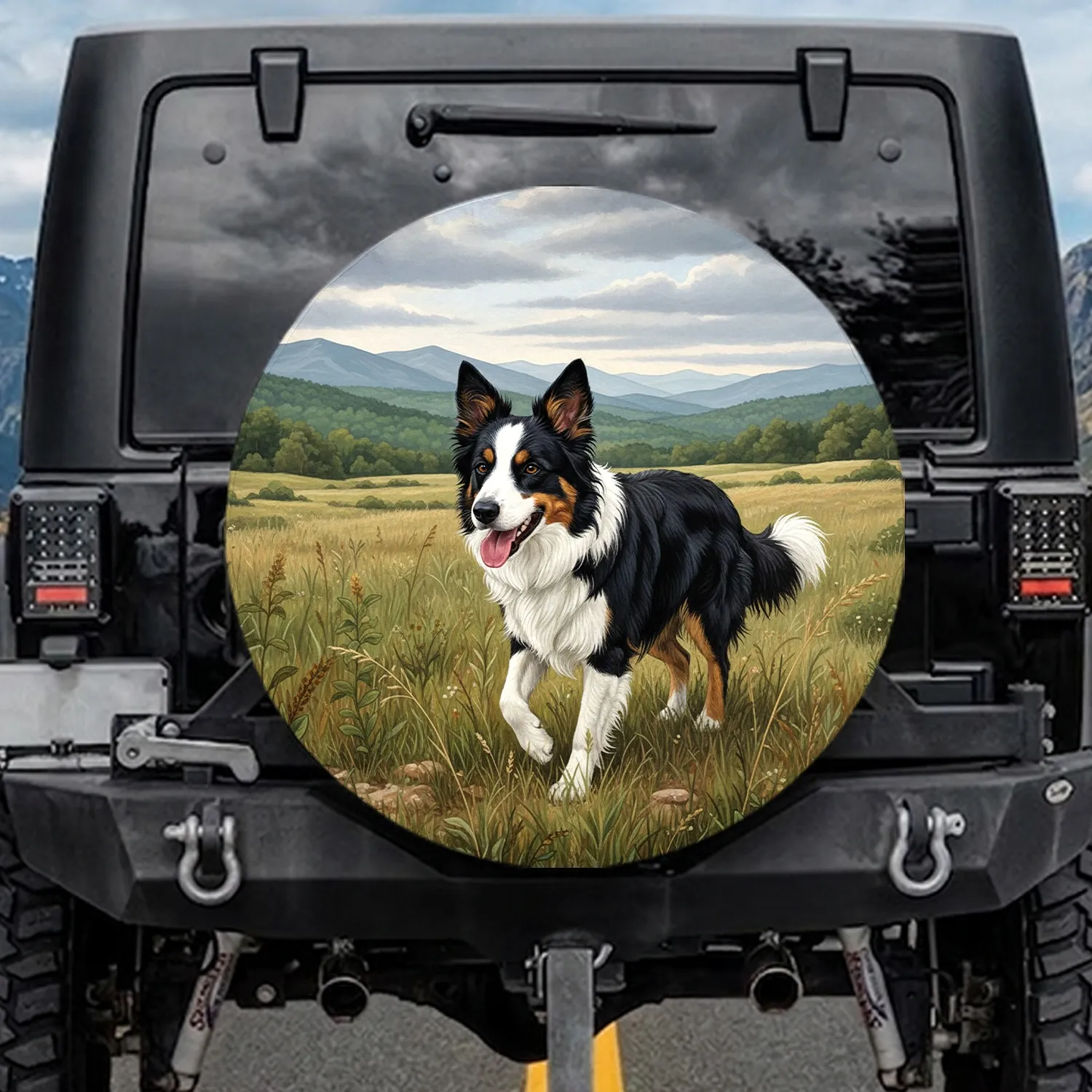 Playful Tri-Color Border Collie Grassy Field Hills Landscape - Dog Lover Gift Spare Tire Cover - 1
