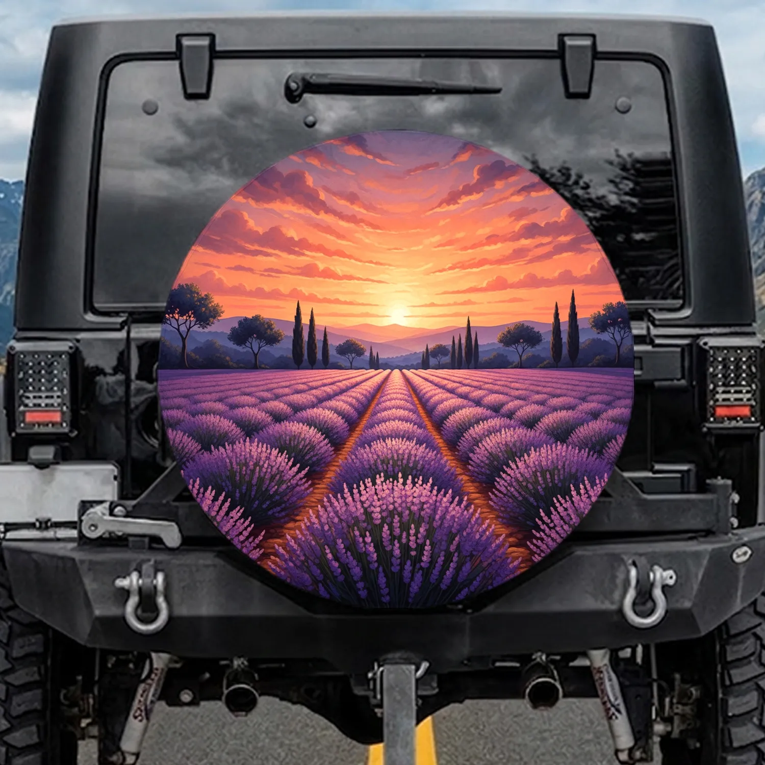 Lavender Field Sunset Rolling Hills Olive Trees Evening Sky - Travel Essentials for Road Trips Spare Tire Cover - 1