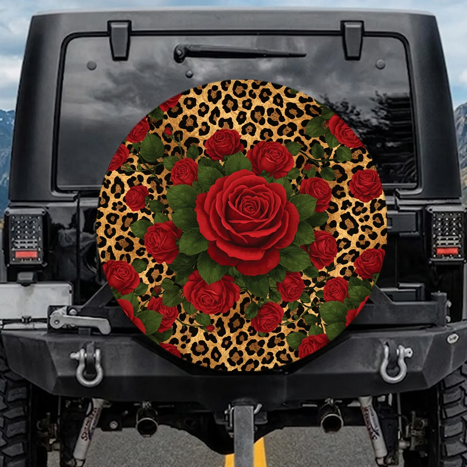 Red Rose Green Foliage Leopard Print - Everyday Home Decor Gift for Rose Lovers Spare Tire Cover - 1