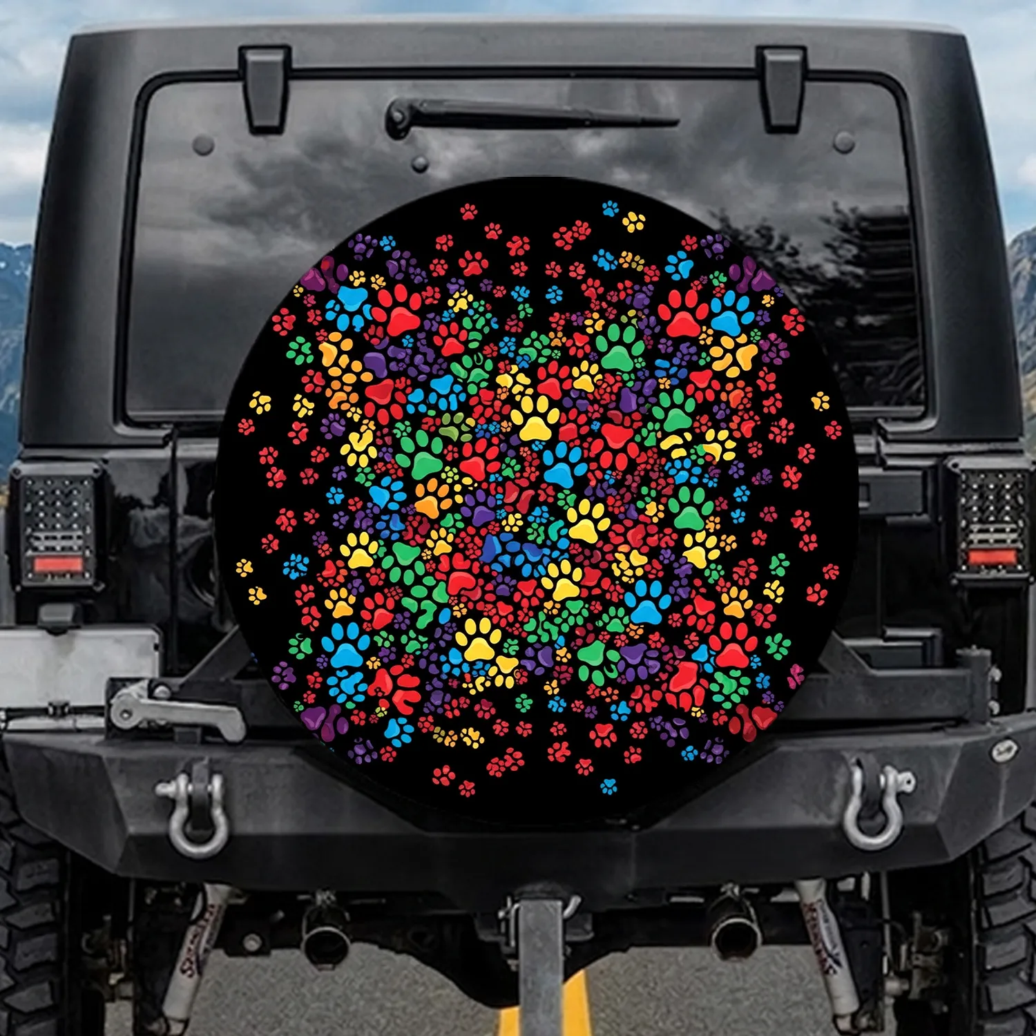Continuous Densely Packed Layered Paw Prints on Black - Pet Owner Everyday Car Accessory Gift Spare Tire Cover - 1