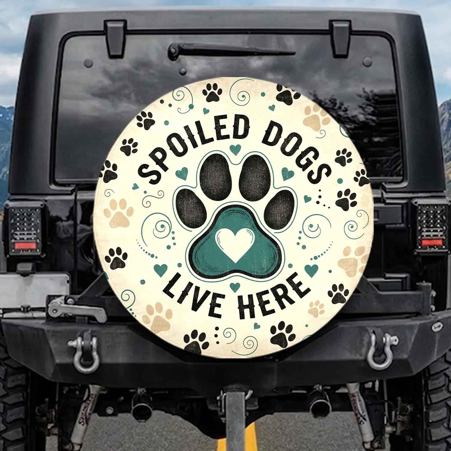 Spoiled Dogs Live Here Dog Paw Prints Heart Dots Swirls - Dog Lover Gift Spare Tire Cover - 1