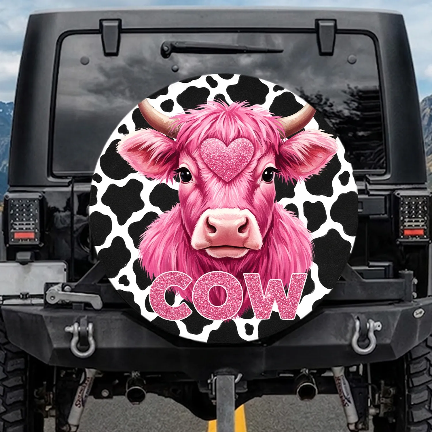 Pink Fluffy Cow Face Heart COW Letters - Farm Animal Lover Vehicle Accessory Gift Spare Tire Cover - 1