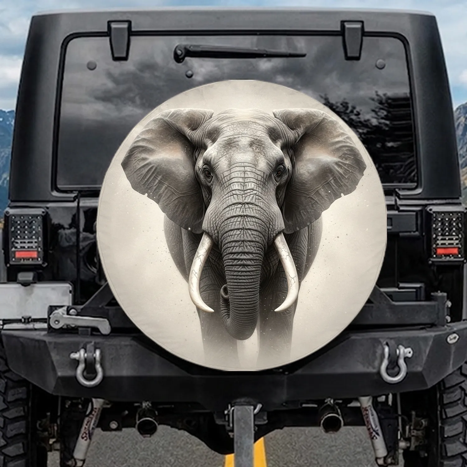 Majestic Elephant Head Ivory Tusks Portrait - Wildlife Lover Home Decor Gift Spare Tire Cover - 1
