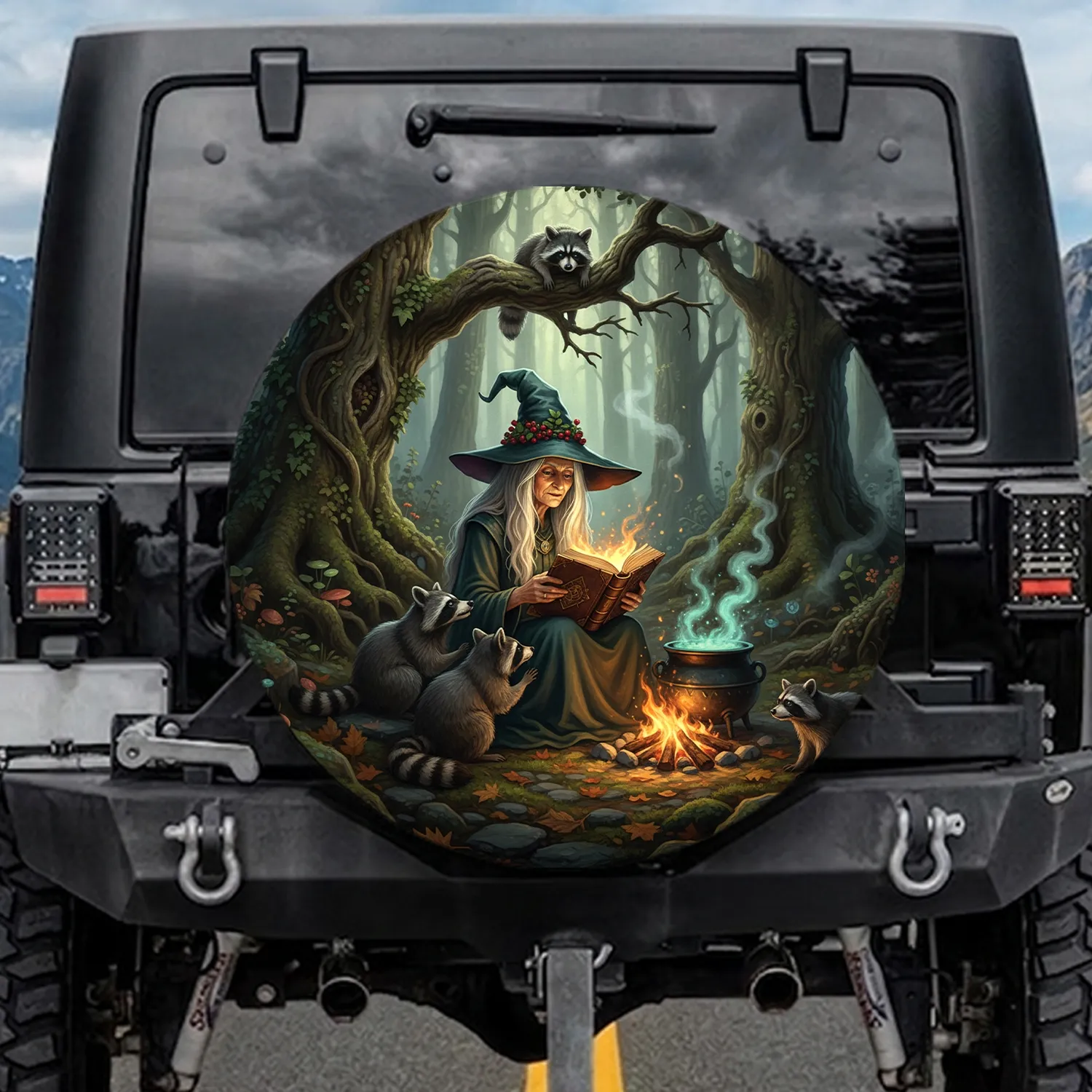 Wise Witch Raccoon Spellbook Forest - Fantasy Decor Gift for Fantasy Lover Spare Tire Cover - 1