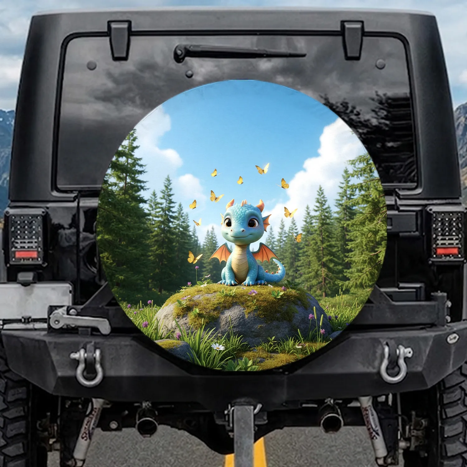 Baby Dragon Moss Rock Butterflies Forest Sky - Fantasy Lover Gift Spare Tire Cover - 1