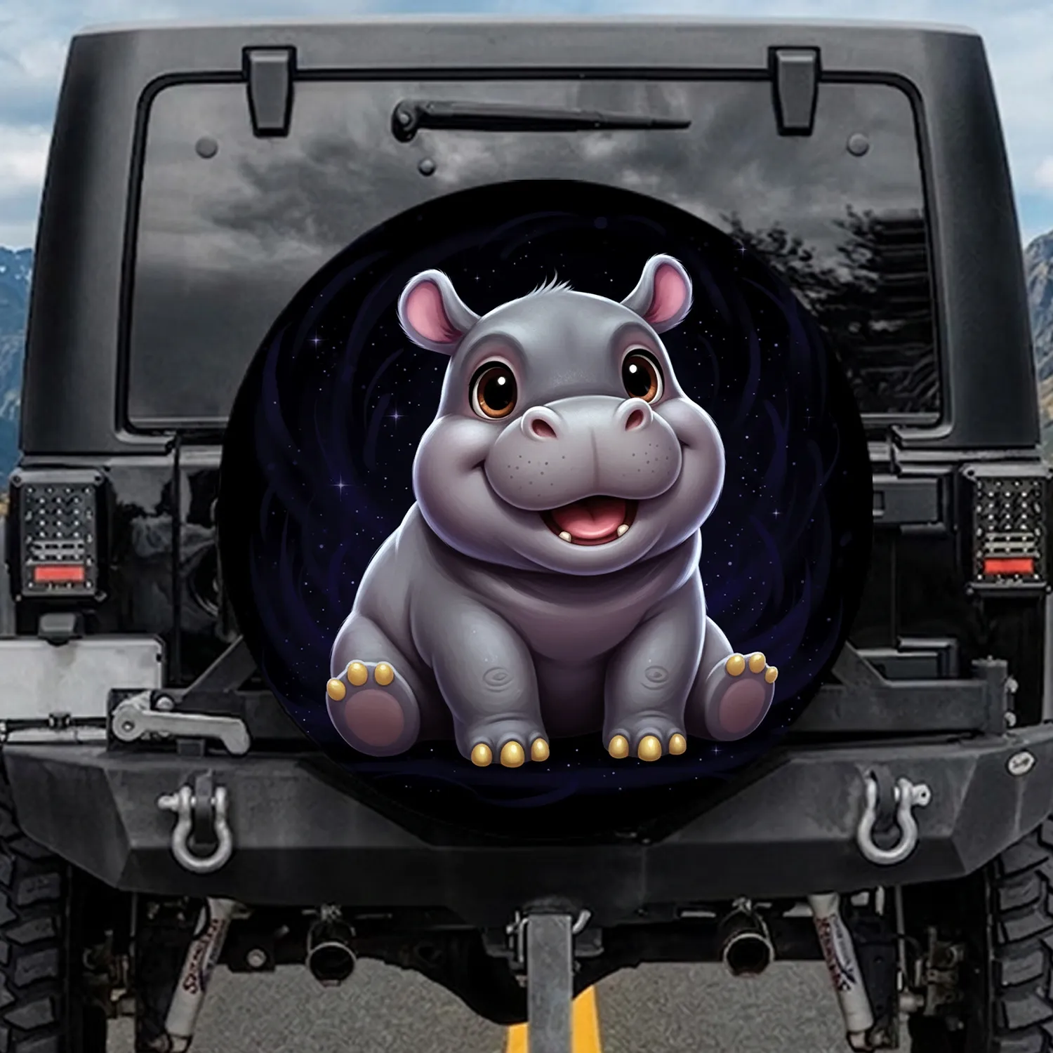 Smiling Baby Hippopotamus Creature Cosmic Stars - Home Decor Gift for Wildlife Lovers Spare Tire Cover - 1