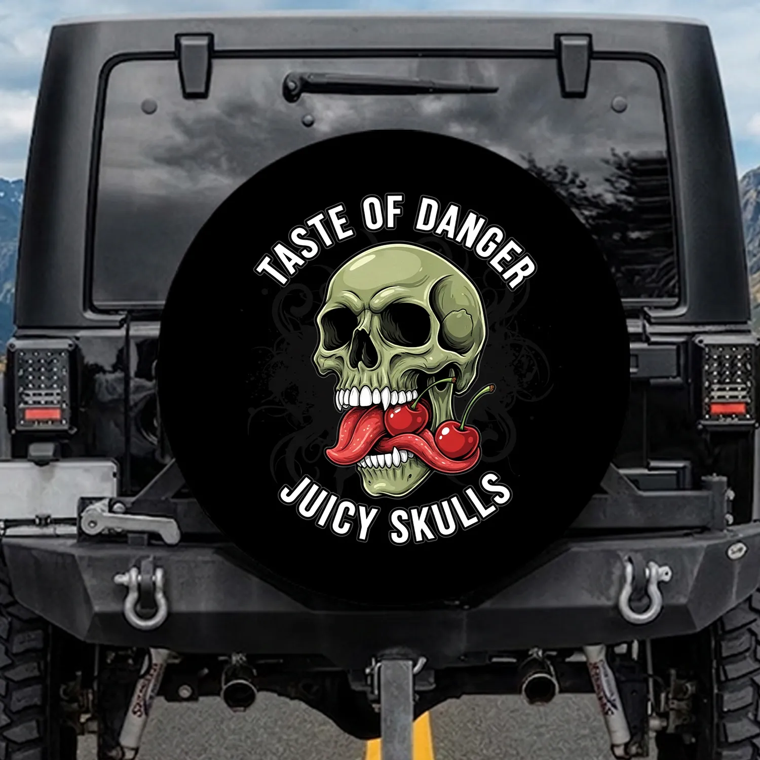 Juicy Skull Cherries Taste of Danger - Tattoo Inspired Decor Gift for Tattoo Lover Spare Tire Cover - 1