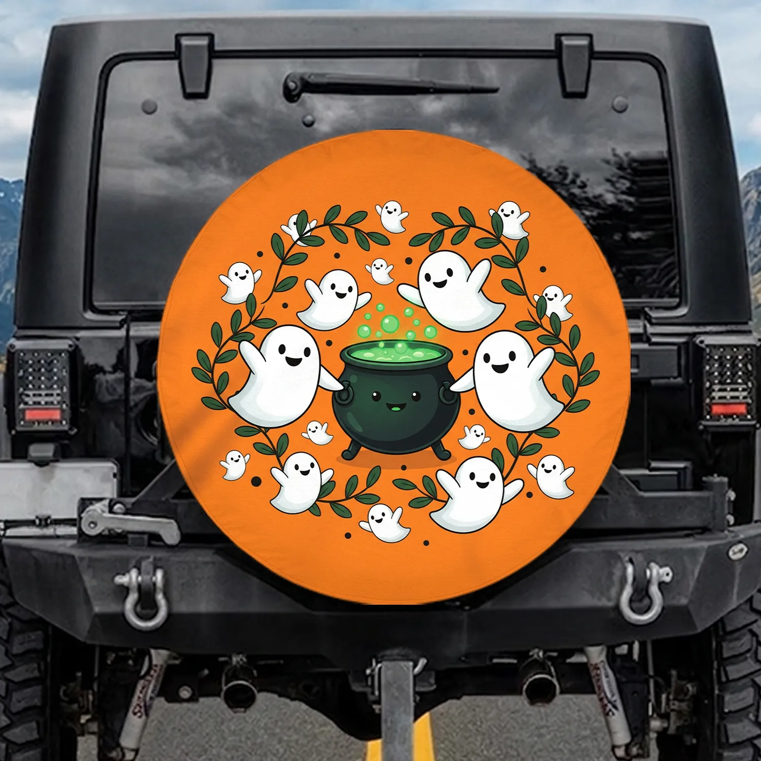 Orange Field Bubbling Cauldron White Ghosts Leafy Branches - Halloween Party Spare Tire Cover - 1
