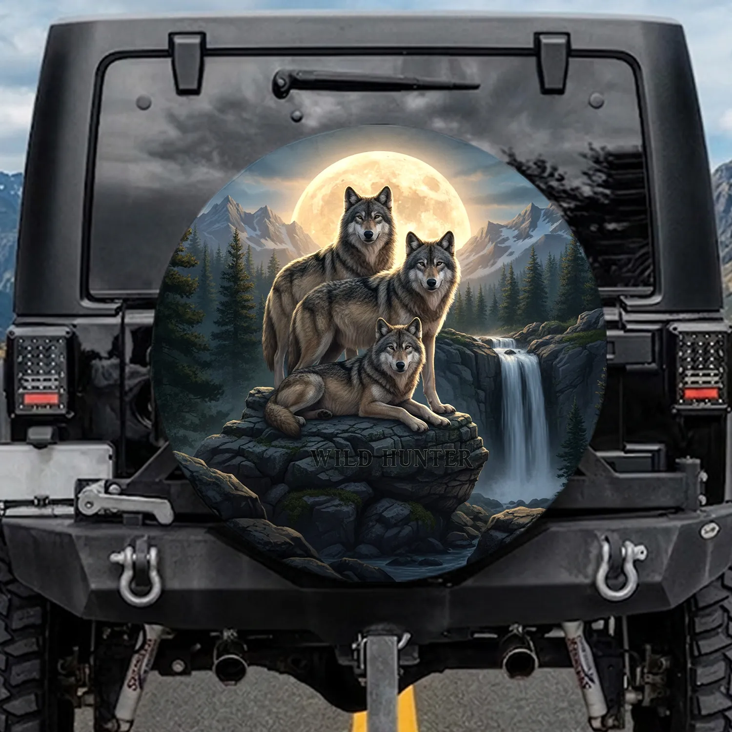 Three Timber Wolves Full Moon Waterfall Mountain Landscape - Wildlife Lover Gift Spare Tire Cover - 1