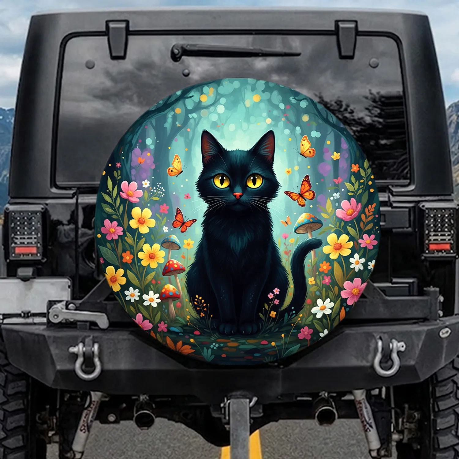 Black Cat Wildflower Forest - Outdoor Nature Gift for Cat Lovers Spare Tire Cover - 1