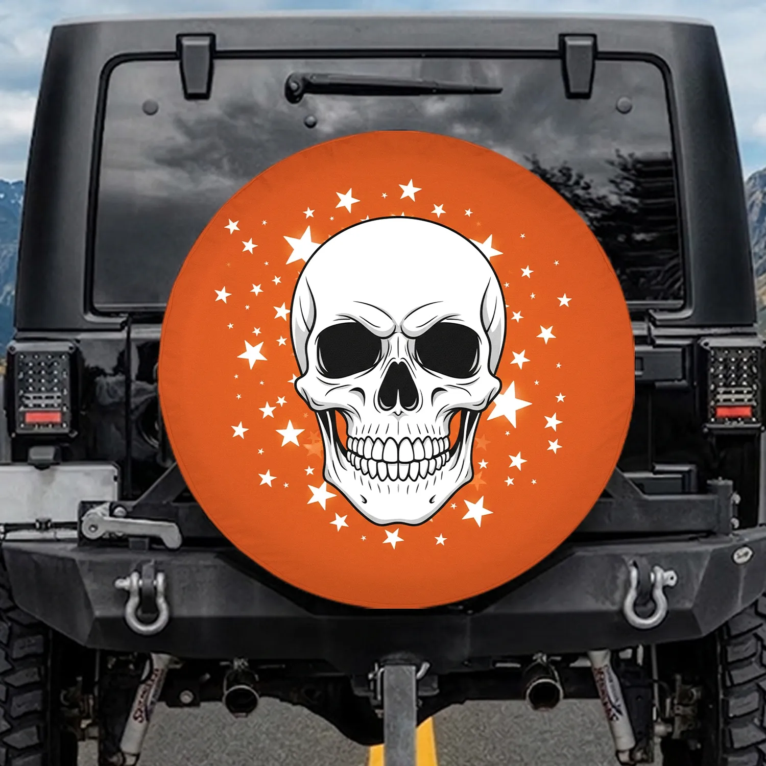 White Sculpted Skull Black Eye Sockets Stars - Halloween Holiday Celebration Gift Spare Tire Cover - 1