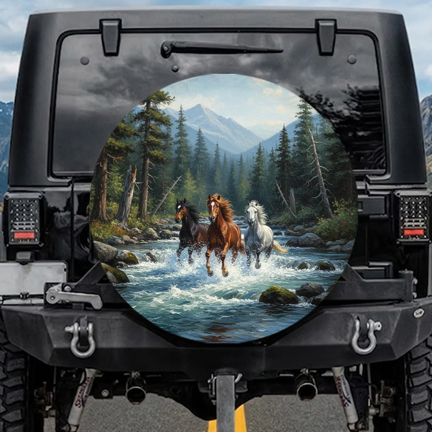 Majestic Wild Horses Galloping River Forest Mountain - Wildlife Lover Gift Spare Tire Cover - 1