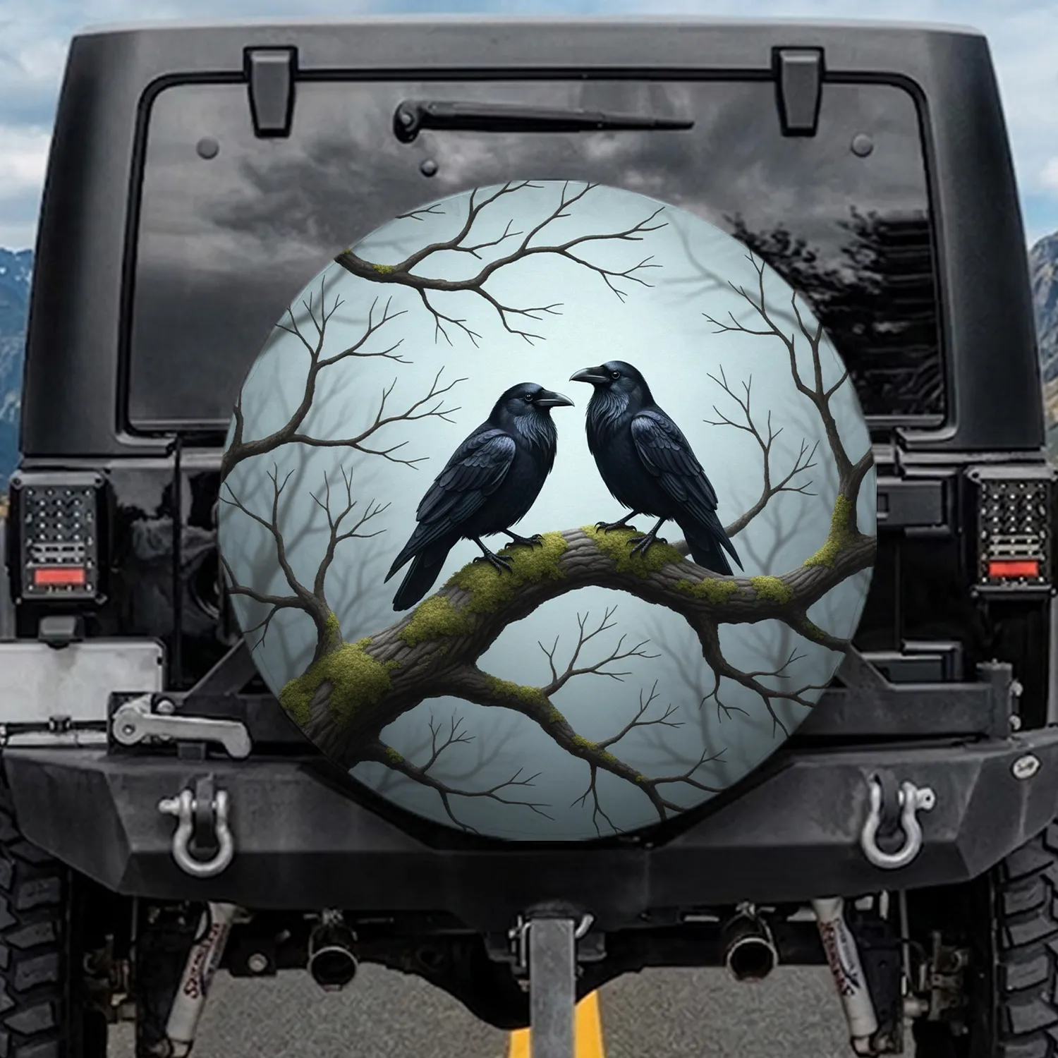 Black Ravens Gnarled Mossy Branch - Wildlife Lover Outdoor Gift Spare Tire Cover - 1