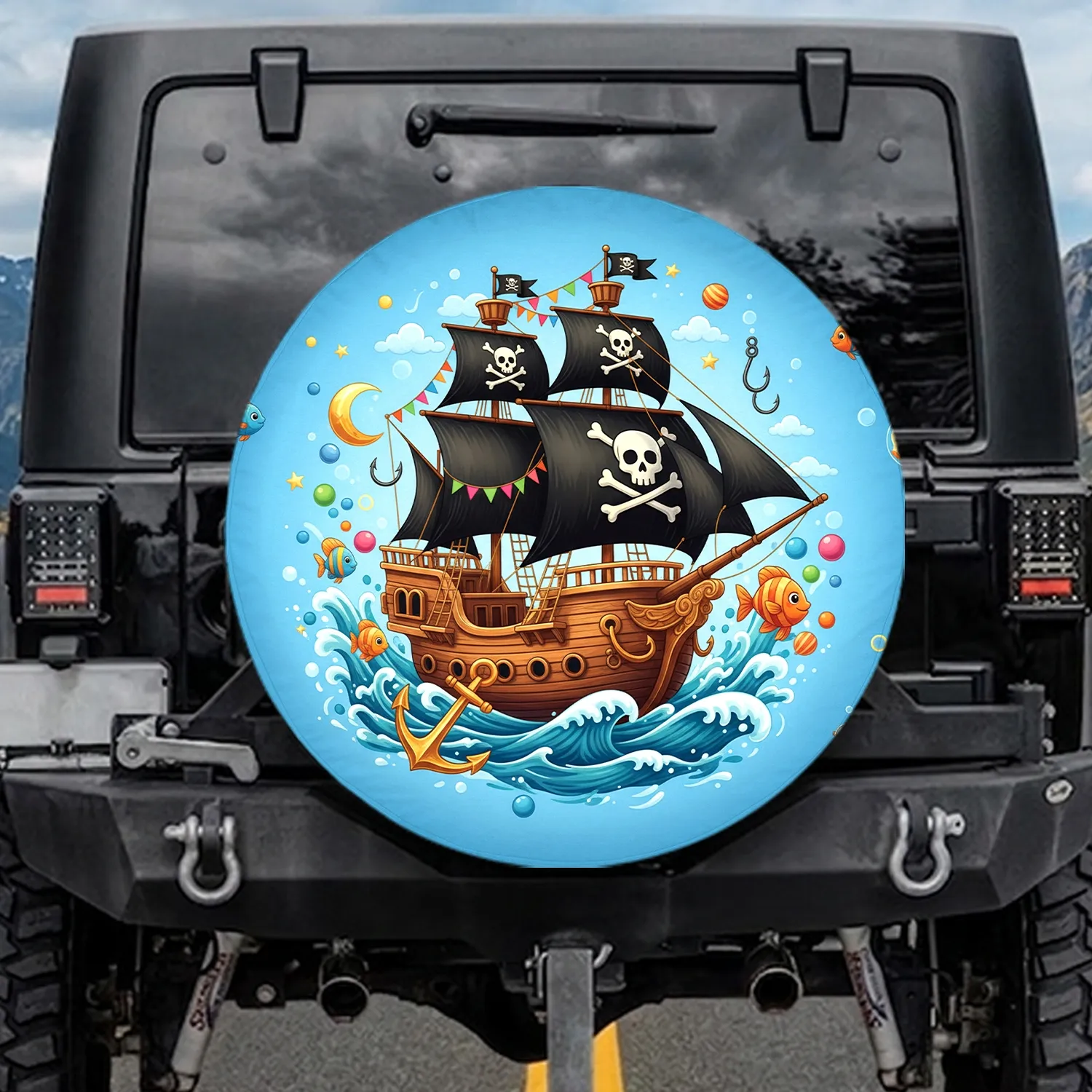 Pirate Ship Skull Crossbones Ocean - Adventure Lover Gift for Pirate Fan Spare Tire Cover - 1