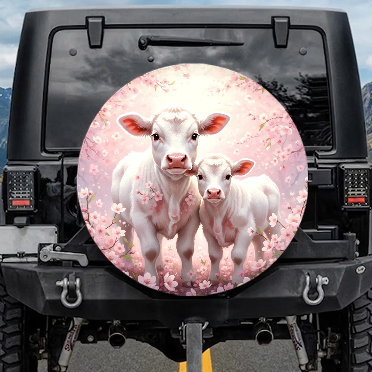 Fluffy Calves Cherry Blossoms Lush Meadow - Farmhouse Decor Gift for Animal Lovers Spare Tire Cover - 1