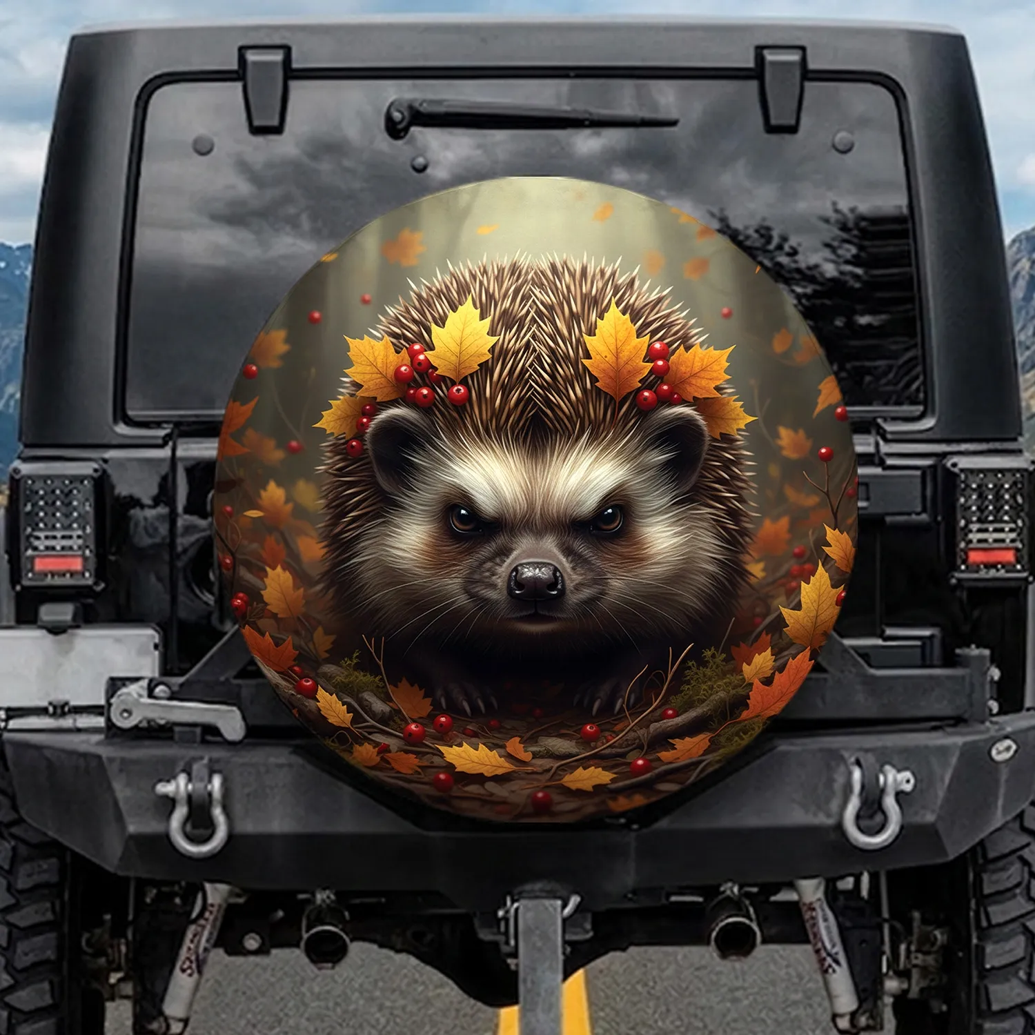 Grumpy Hedgehog Autumn Leaves Berries Forest Decor - Fall Season Gift for Nature Lovers Spare Tire Cover - 1