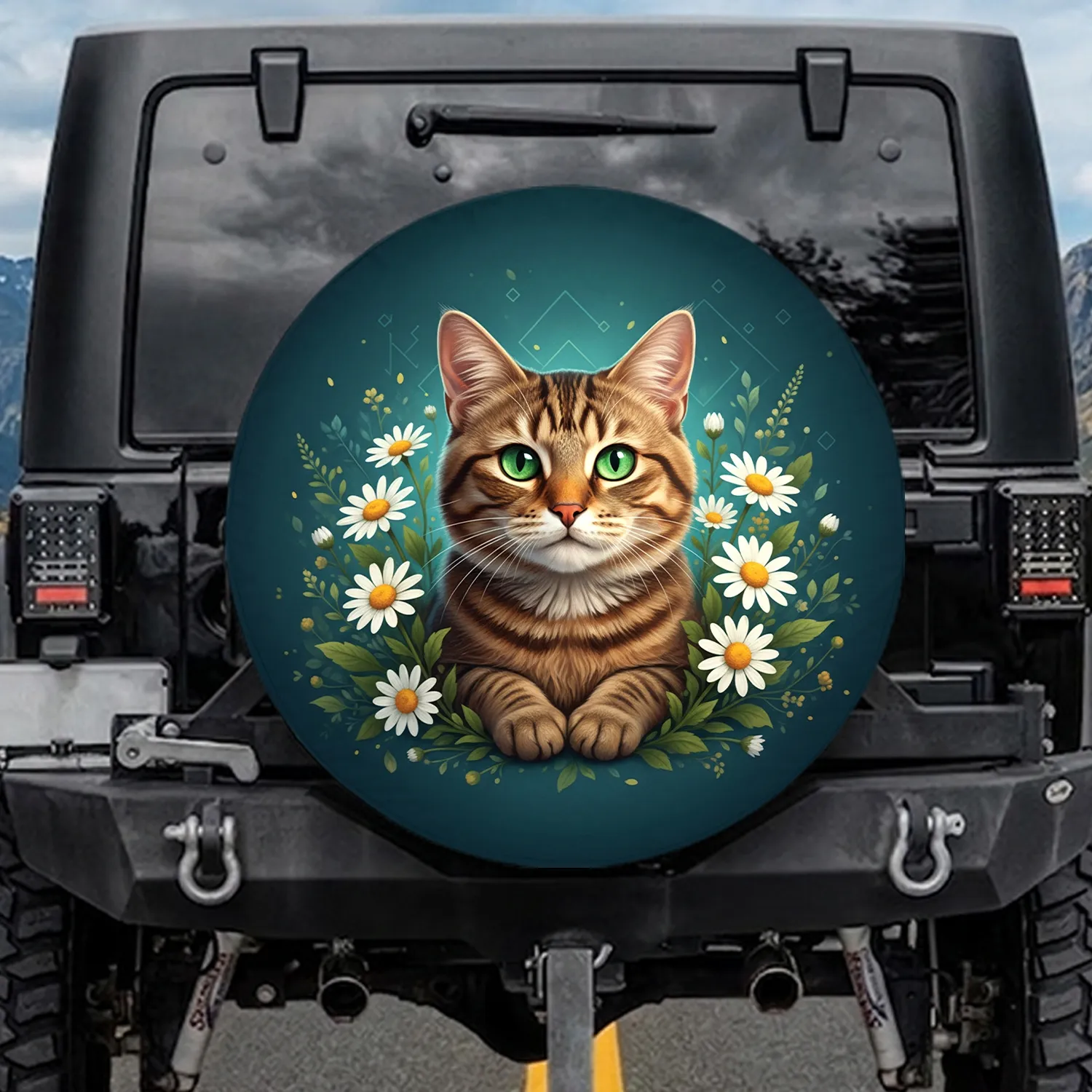 Tabby Cat Green Eyes White Daisies Natural Foliage Teal Background - Home Decor Gift Spare Tire Cover - 1