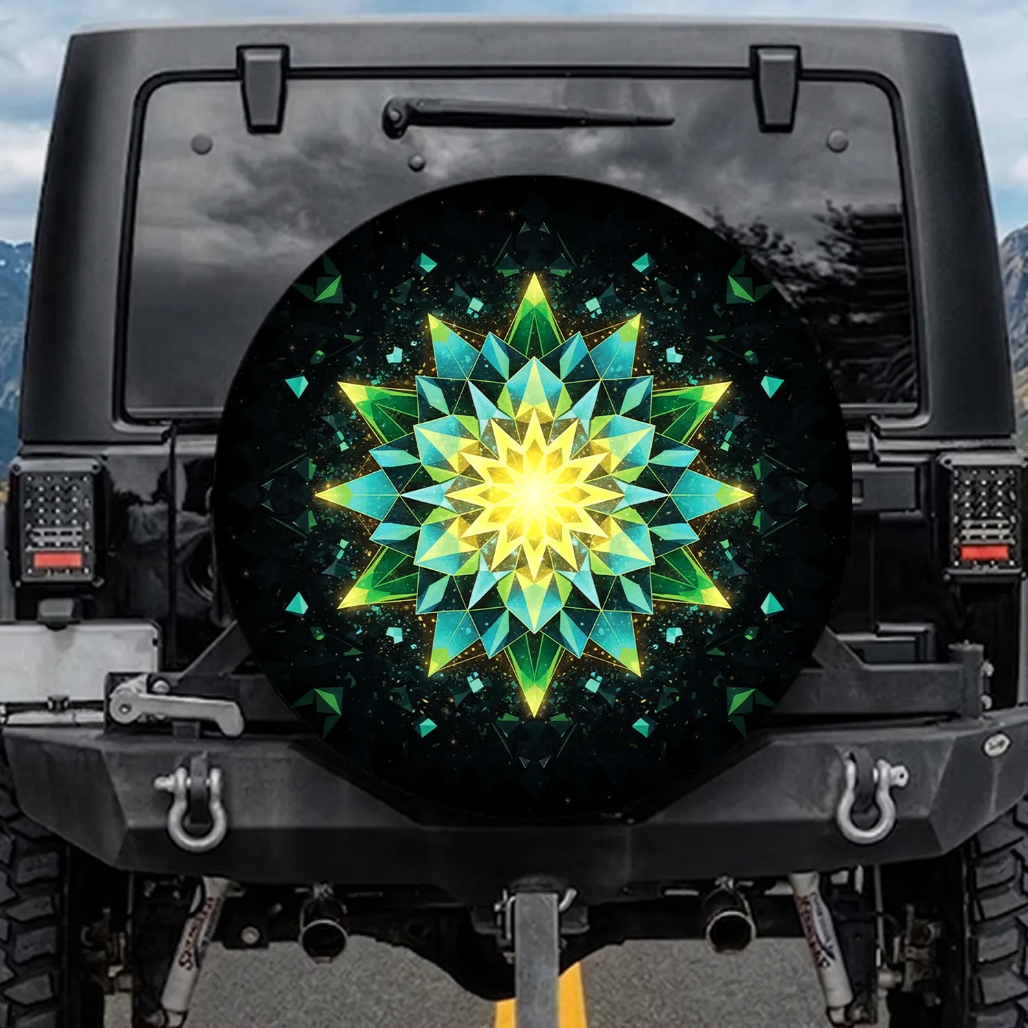 Geometric Crystalline Starburst Cosmic Bloom Golden Glow - Space Lover Home Decor Gift Spare Tire Cover - 1