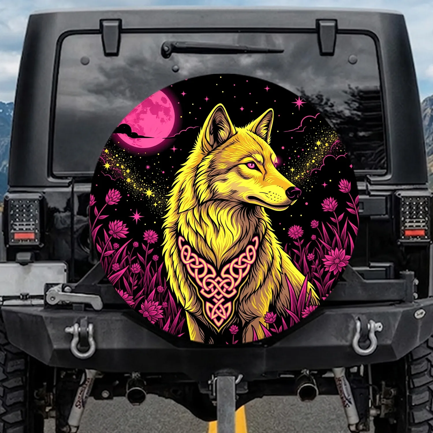 Neon Yellow Wolf Celtic Knot Pink Moon Stars - Adventure Gift for Wildlife Lovers Spare Tire Cover - 1