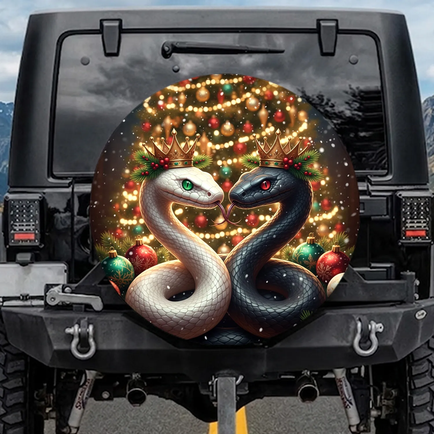 Albino Black Snakes Golden Crowns Christmas Ornaments - Holiday Decor Gift Spare Tire Cover - 1