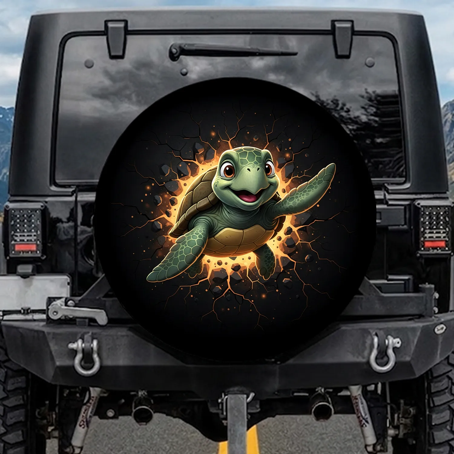 Smiling Sea Turtle Bursting Wall Cracks Dark Void - Wildlife Ocean Lover Gift Spare Tire Cover - 1
