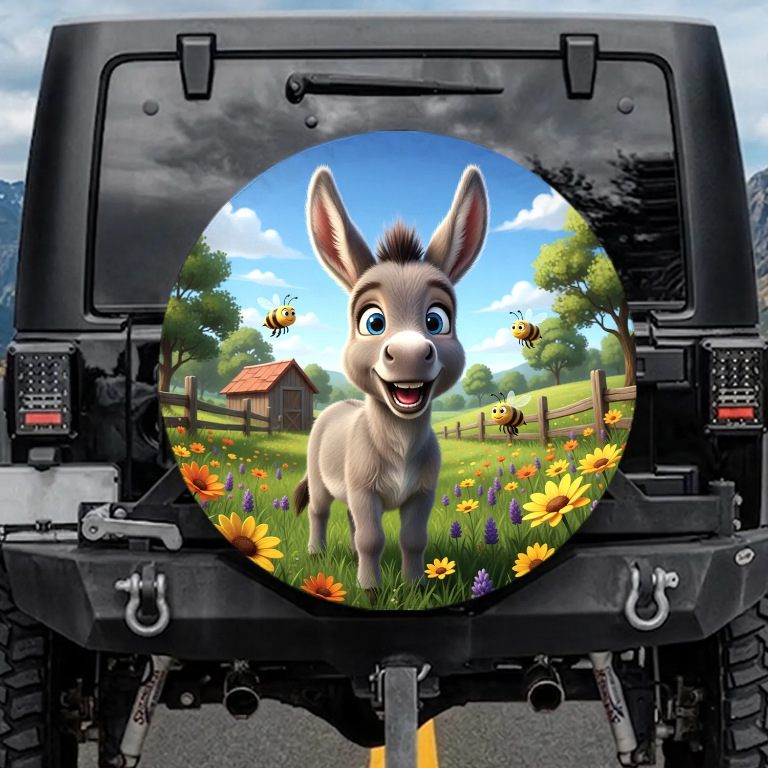 Fluffy Young Donkey Wildflower Meadow - Farmhouse Decor Gift for Donkey Lover Spare Tire Cover - 1