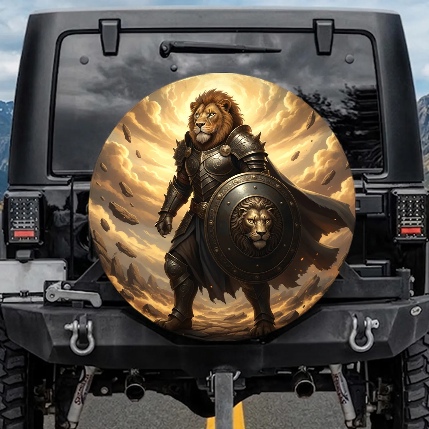 Lion Warrior with Heraldic Shield and Lion Head Boss - Adventure Travel Gift for Men Spare Tire Cover - 1