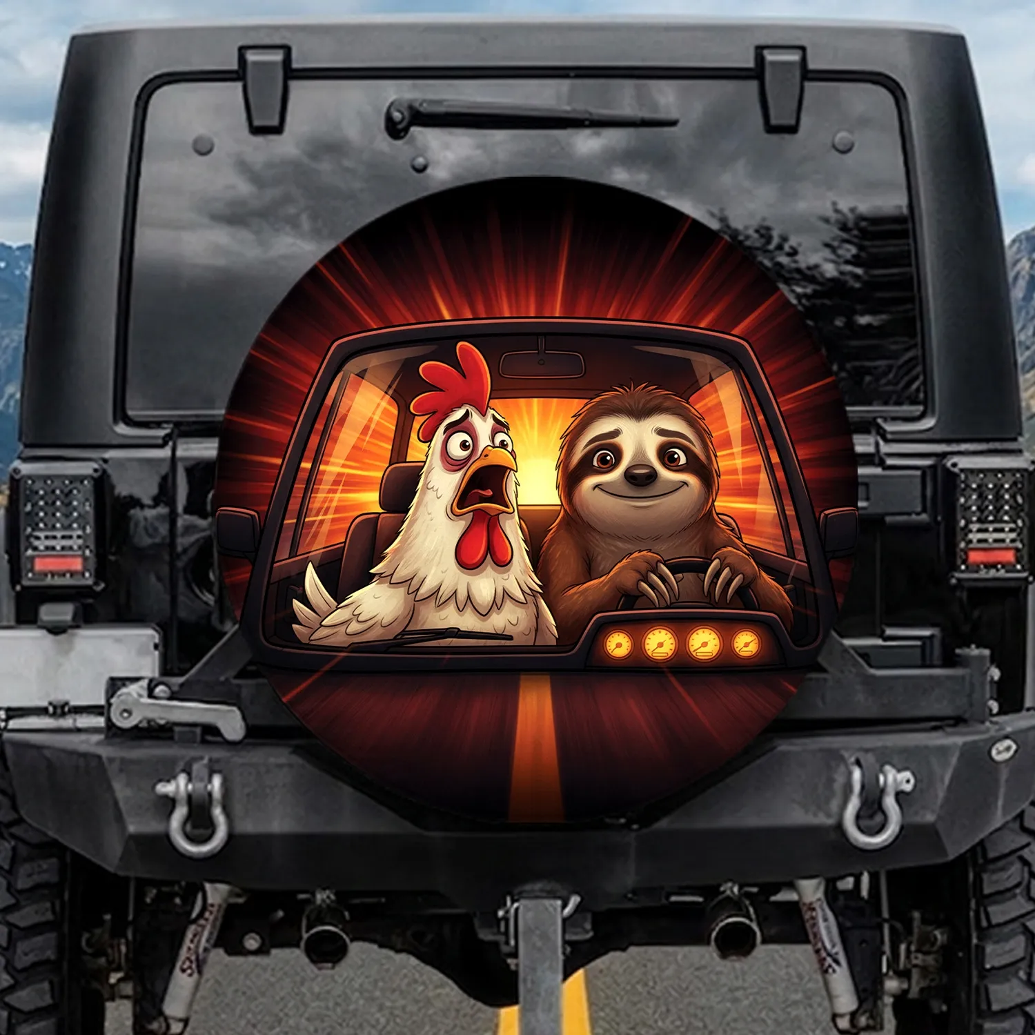 Shocked White Chicken Brown Sloth Car Interior Red Streak Motion - Road Trip Adventure Gift Spare Tire Cover - 1