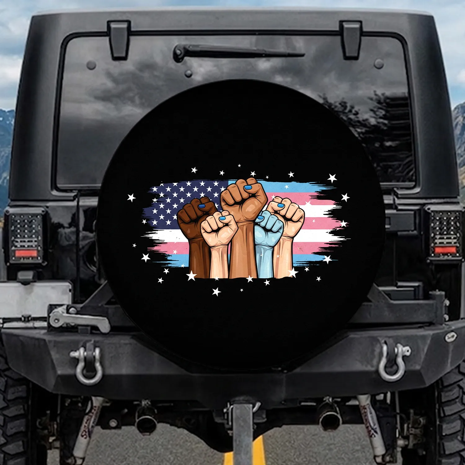 Diverse Fists American Transgender Flag Stars - Unity Lifestyle Gift Spare Tire Cover - 1
