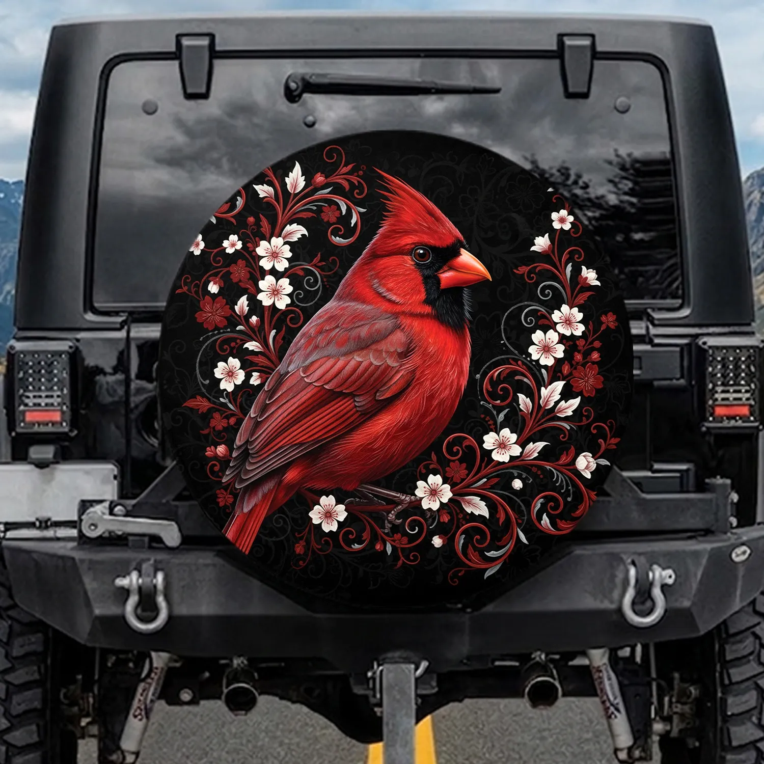 Cardinal Bird Red White Floral Scrollwork - Wildlife Lover Gift Spare Tire Cover - 1