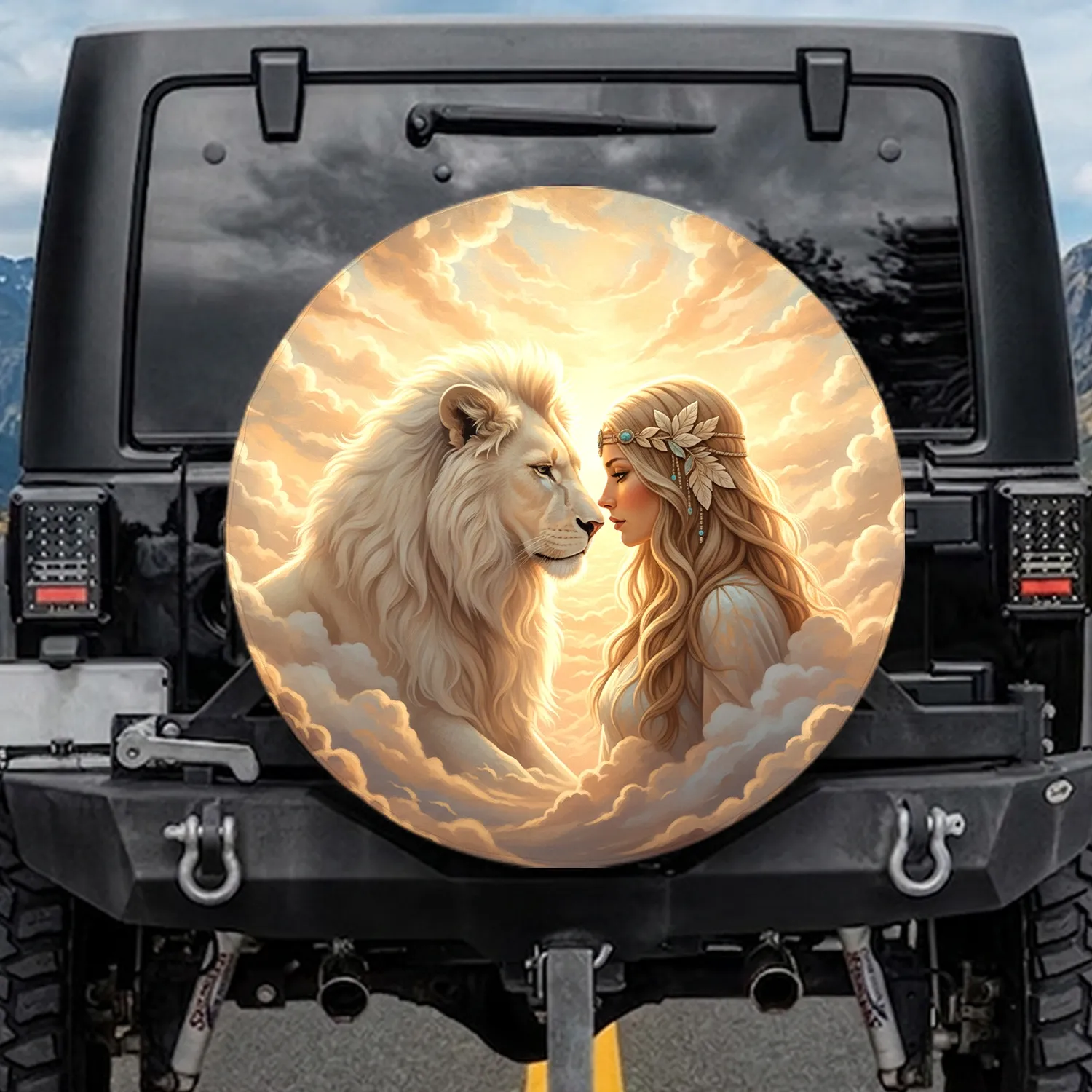 White Lion Blonde Woman Sunset Clouds - Wildlife Lover Gift Spare Tire Cover - 1