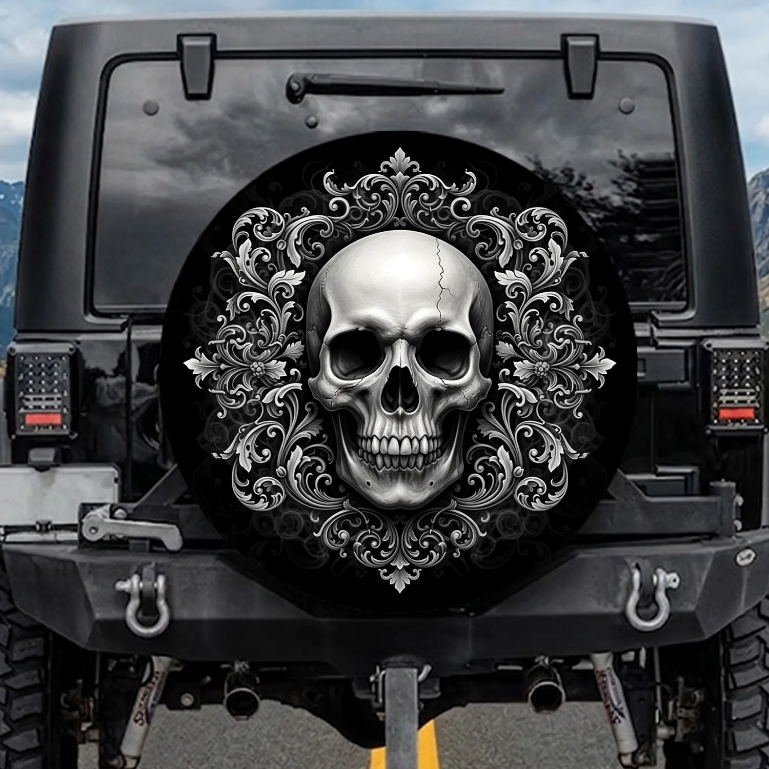 Realistic Human Skull Baroque Rococo Scrollwork - Home Decor Gift for Skull Enthusiast Spare Tire Cover - 1