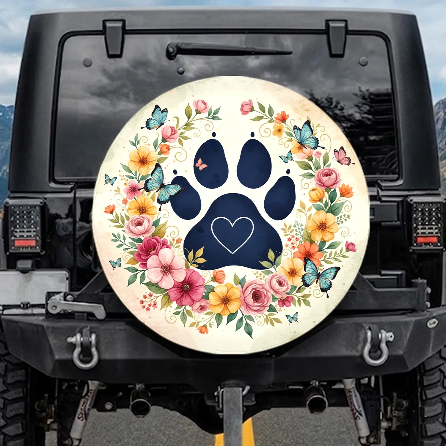 Paw Print Heart Floral Wreath Butterflies - Garden Lover Gift Spare Tire Cover - 1