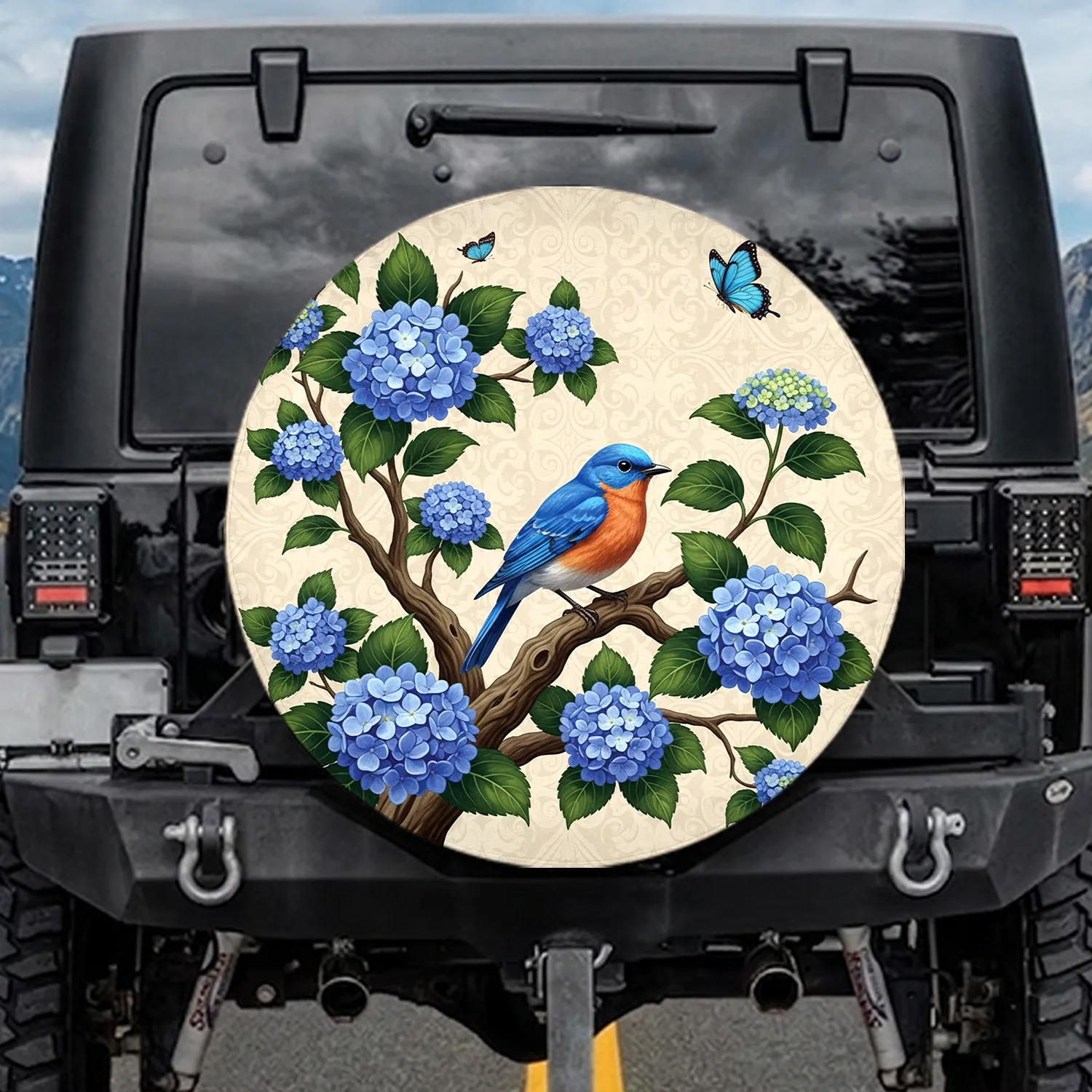 Bluebird Hydrangea Flowers Butterfly Branch - Wildlife Lover Home Decor Gift Spare Tire Cover - 1