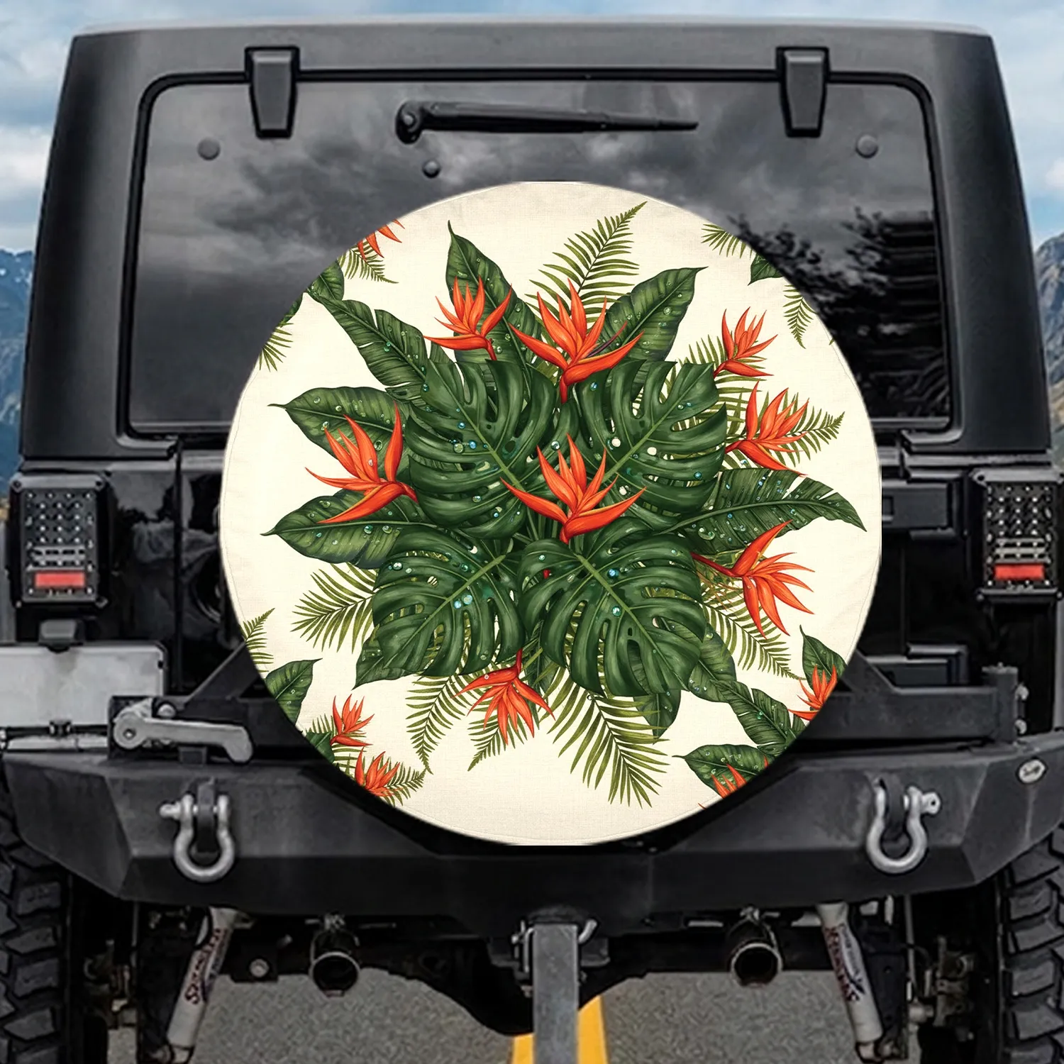 Monstera Fern Tropical Leaves Red Orange Flowers - Tropical Lifestyle Gift Spare Tire Cover - 1