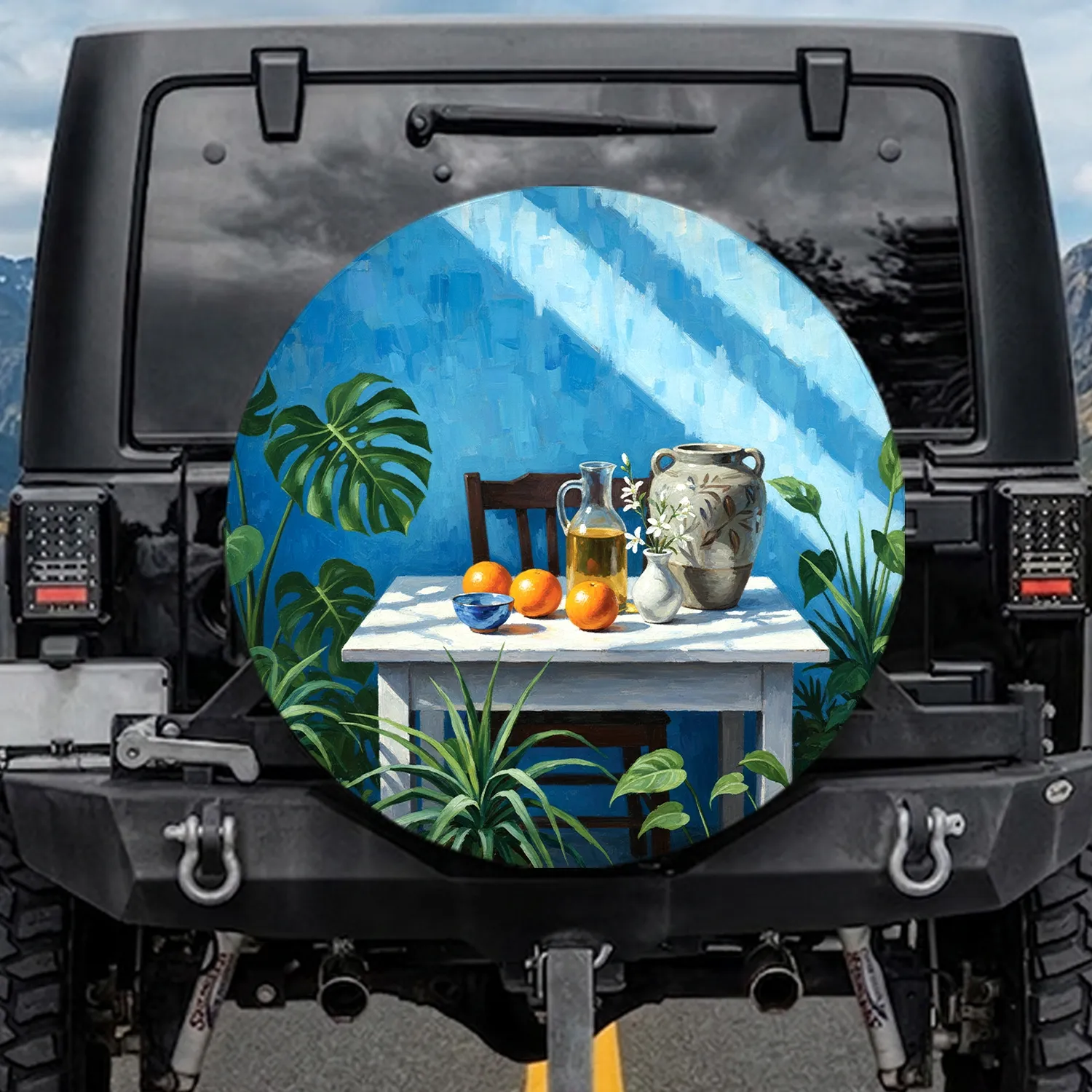 Still Life Oranges Glass Carafe Ceramic Pot White Blossoms Potted Monstera Blue Wall - Home Decor Gift Spare Tire Cover - 1