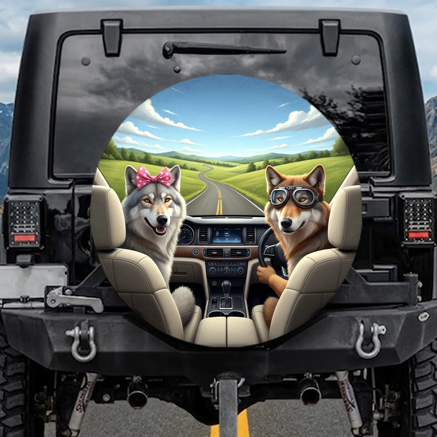 Two Wolves Steering Wheel Car Seats - Road Trip Essentials for Wildlife Lover Spare Tire Cover - 1