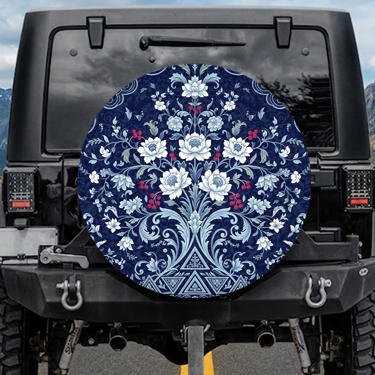 Navy Blue Blossoms Berry Foliage - Home Decor Gift for Garden Lover Spare Tire Cover - 1