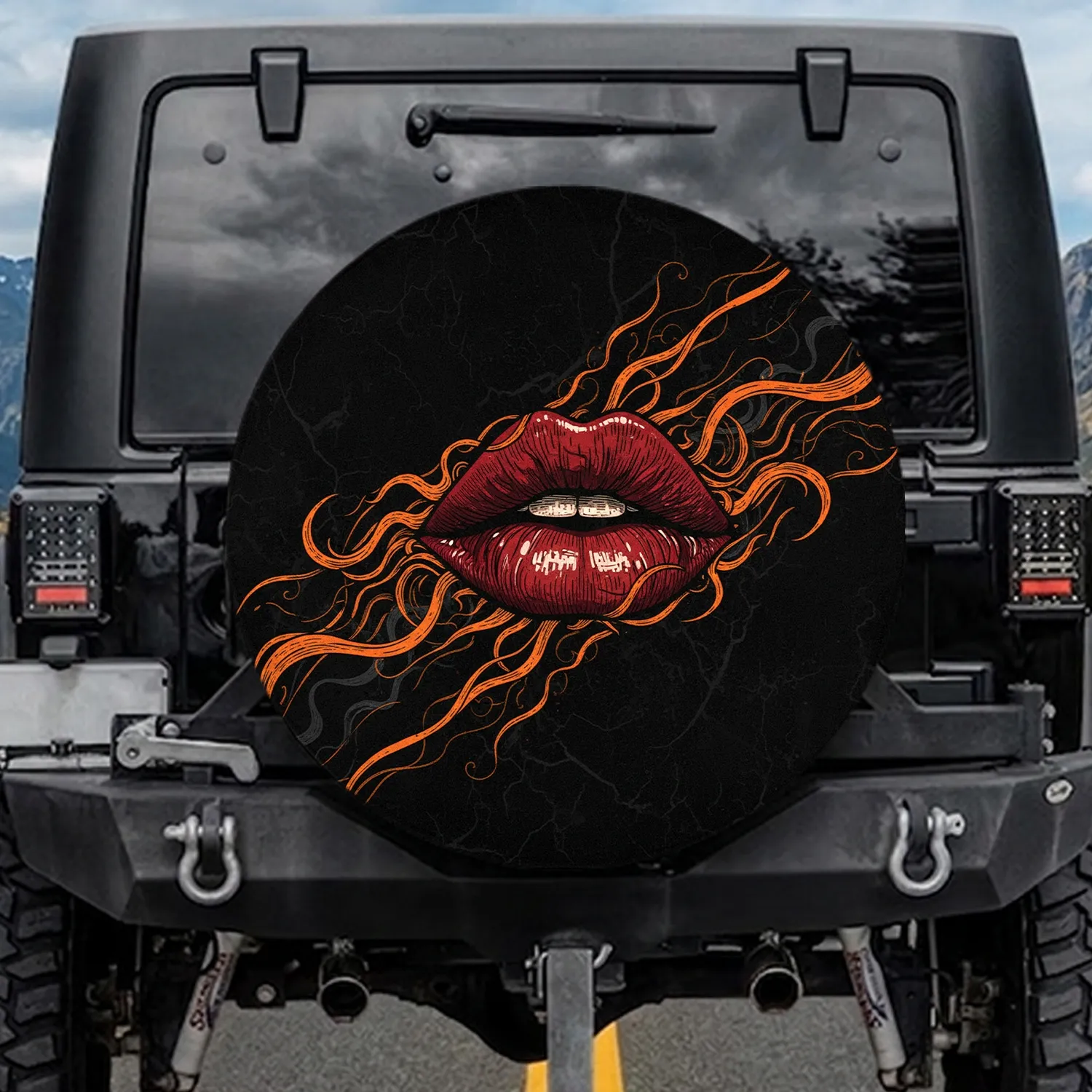 Full Red Lips Orange Swirls - Statement Home Decor Gift for Women Spare Tire Cover - 1