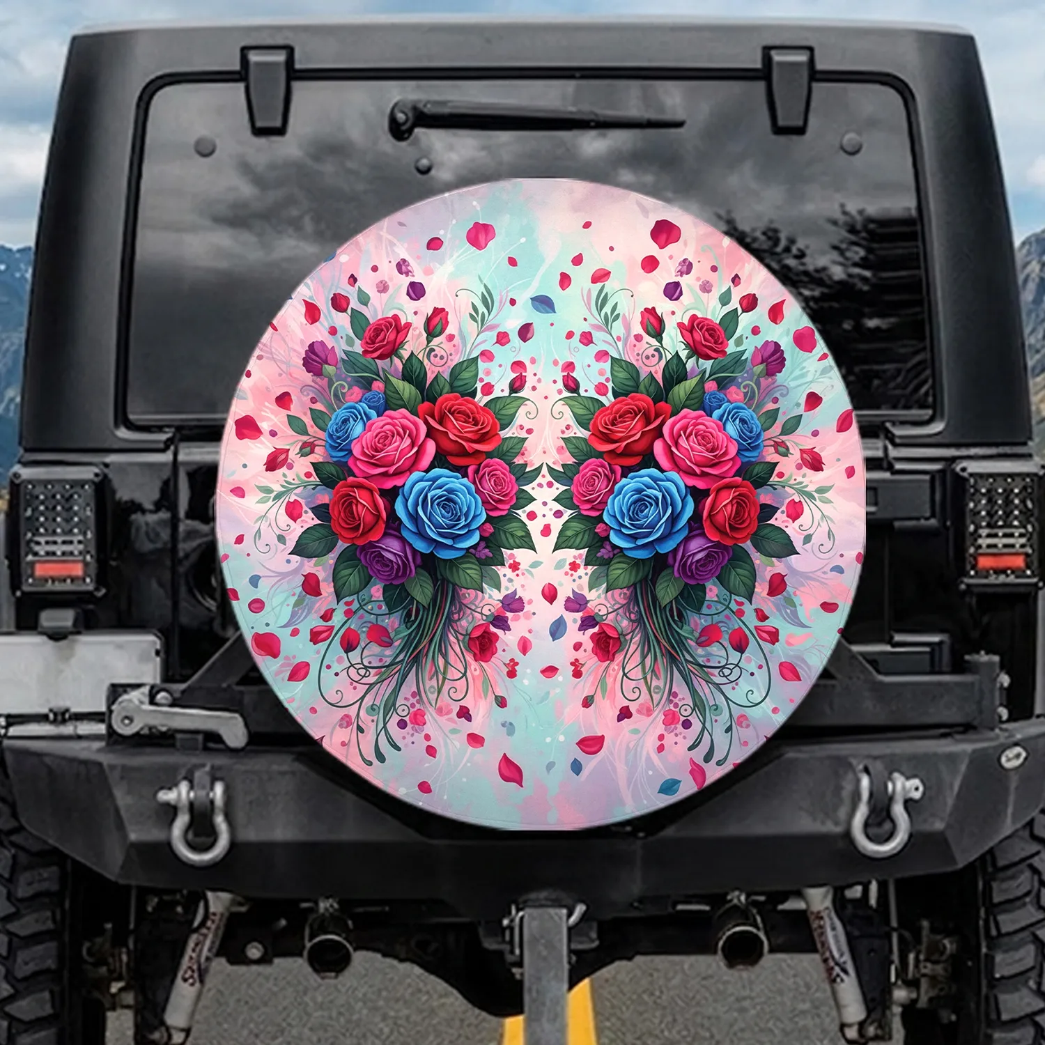 Lush Mirroring Rose Bouquets Floral Vines Foliage Petals Botanical Accents - Home Decor Gift Spare Tire Cover - 1