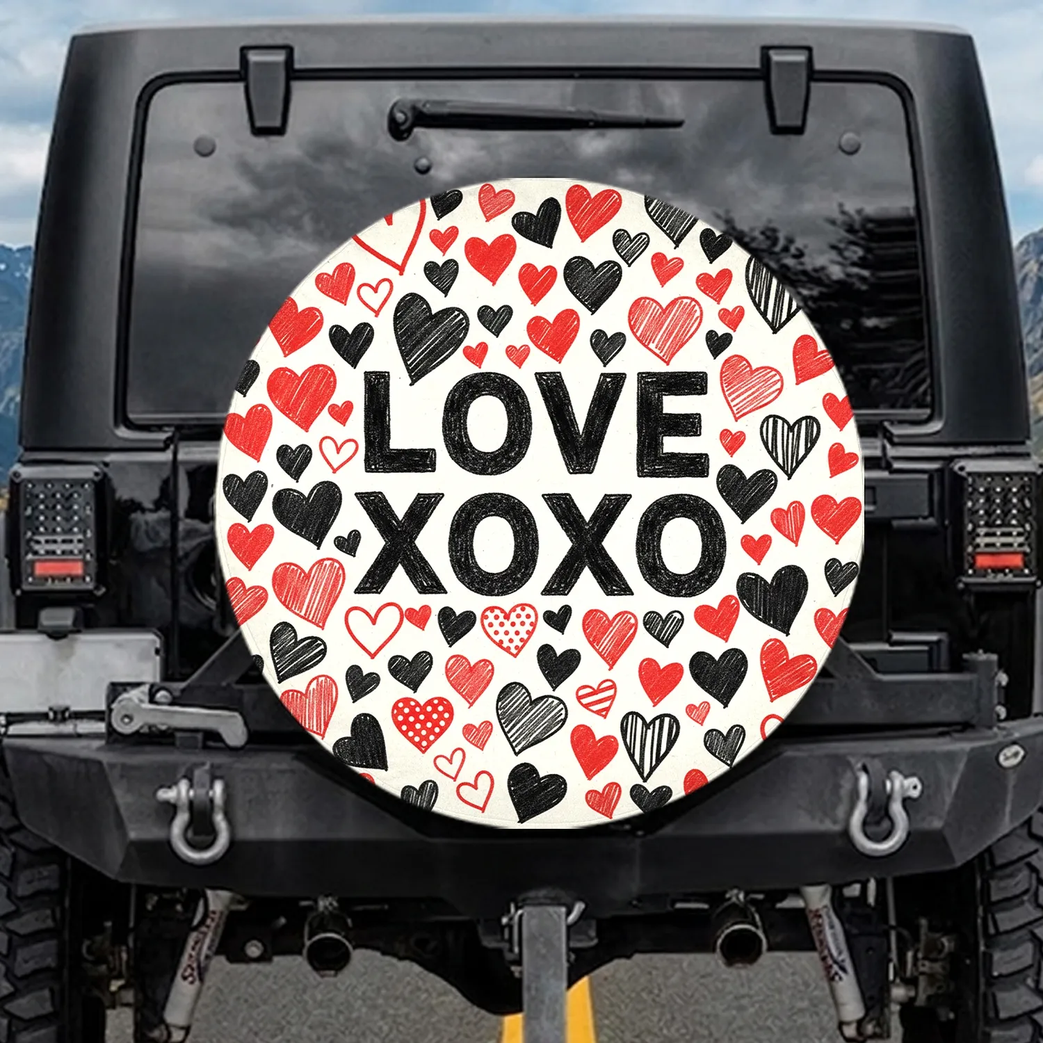 Bold Love XOXO Scribbled Patterned Hearts - Love Expression Gift for Her Spare Tire Cover - 1