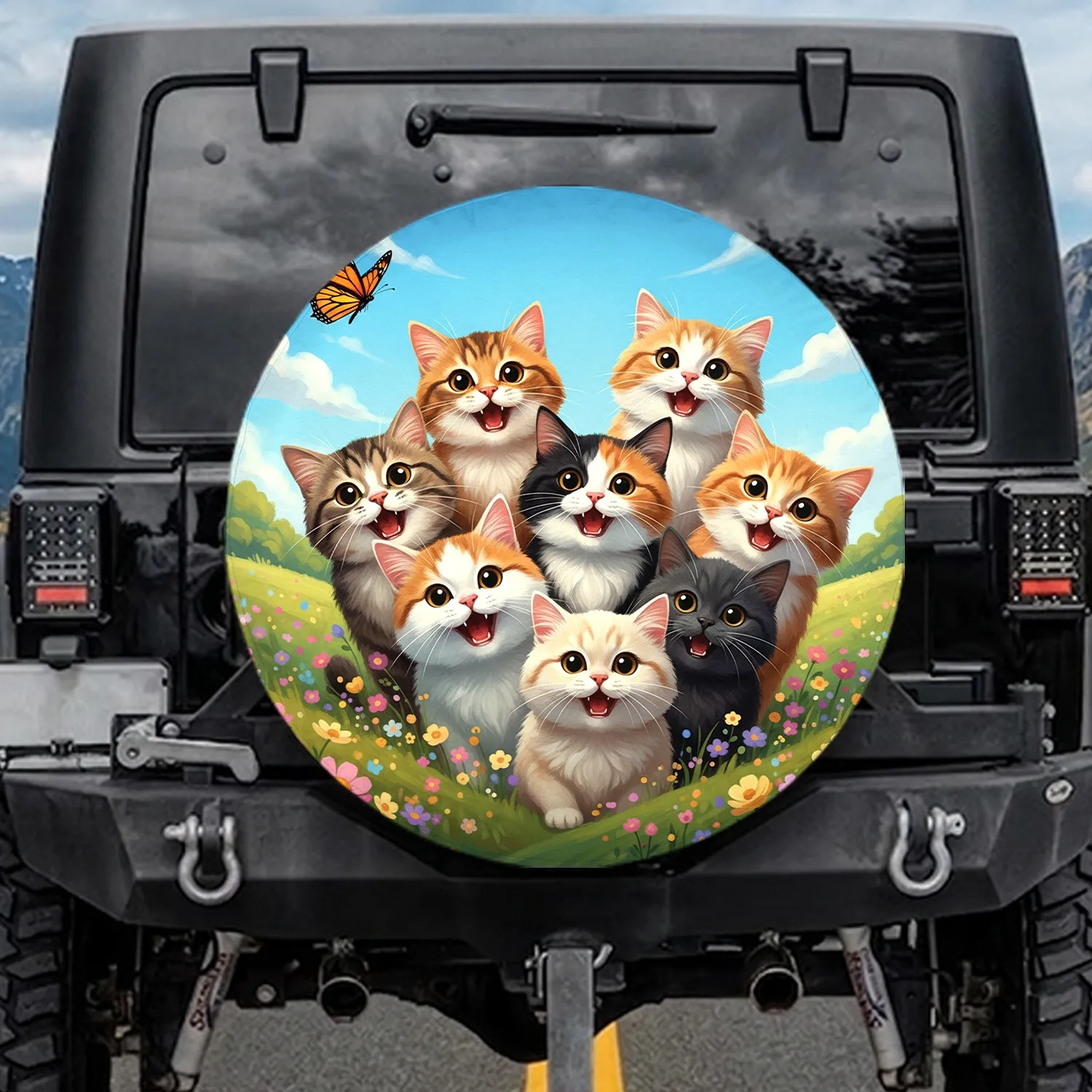 Expressive Domestic Cats Wildflower Meadow Monarch - Pet Lover Gift Spare Tire Cover - 1