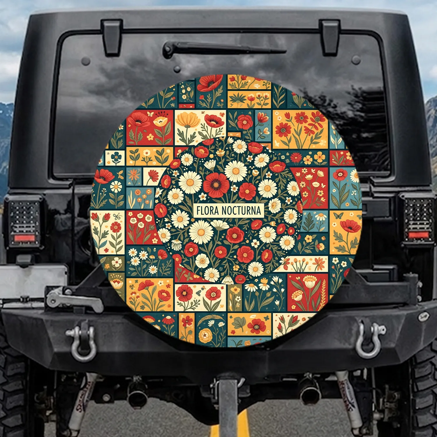 Patchwork Daisy Poppy Butterfly Botanical Floral - Home Decor Gift for Garden Lover Spare Tire Cover - 1