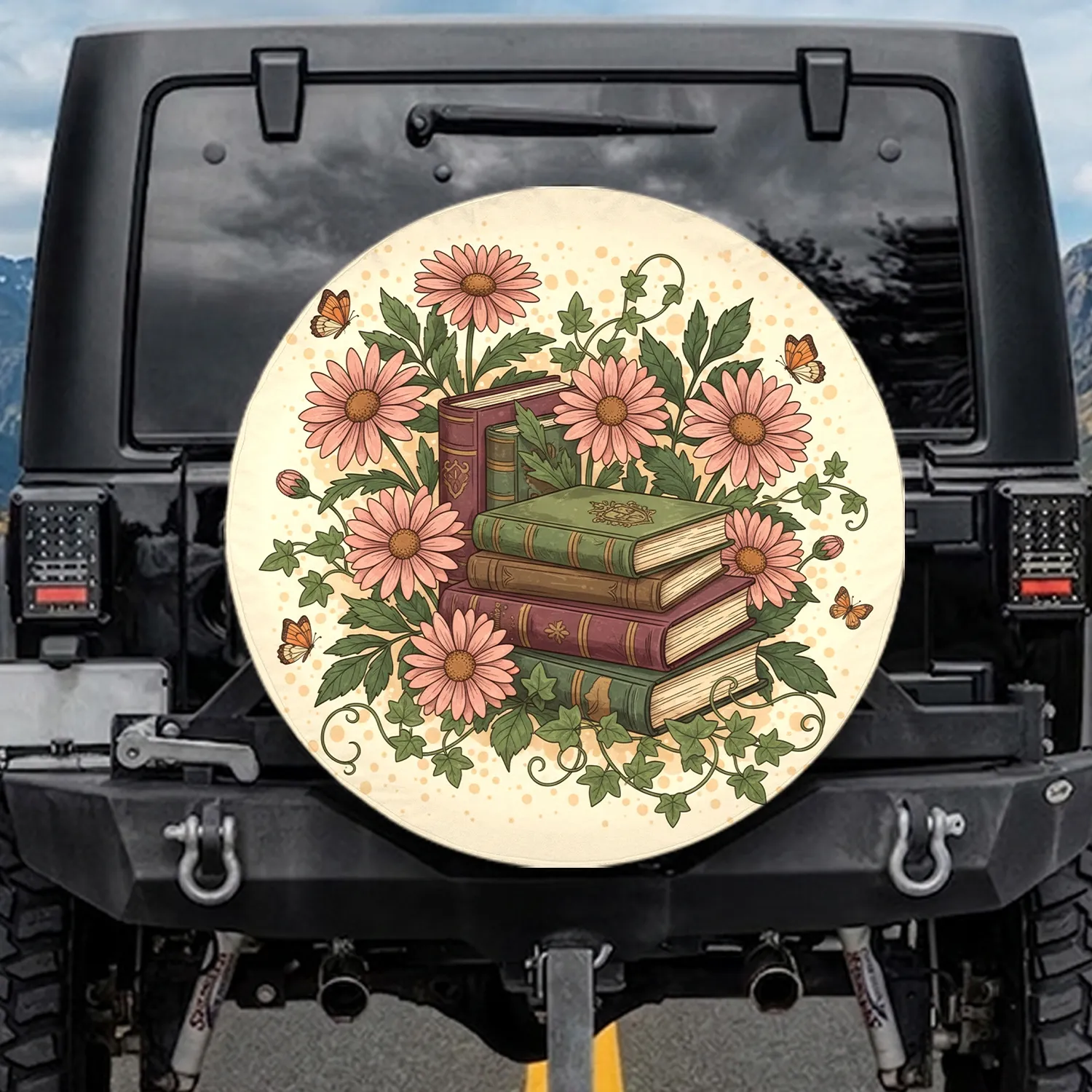 Vintage Hardcover Books Daisy Butterfly Ivy Floral - Home Decor Gift for Book Lover Spare Tire Cover - 1