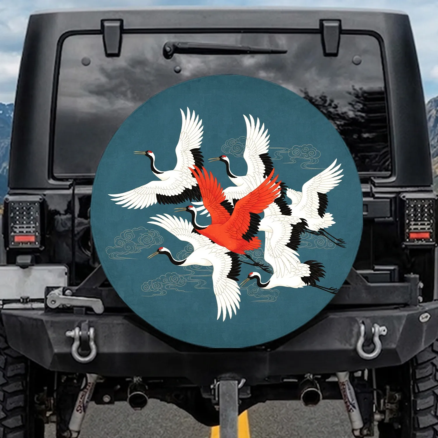 Flock of Flying Japanese Red-crowned Cranes Teal Blue Wildlife Lover Gift for Bird Lovers Spare Tire Cover - 1