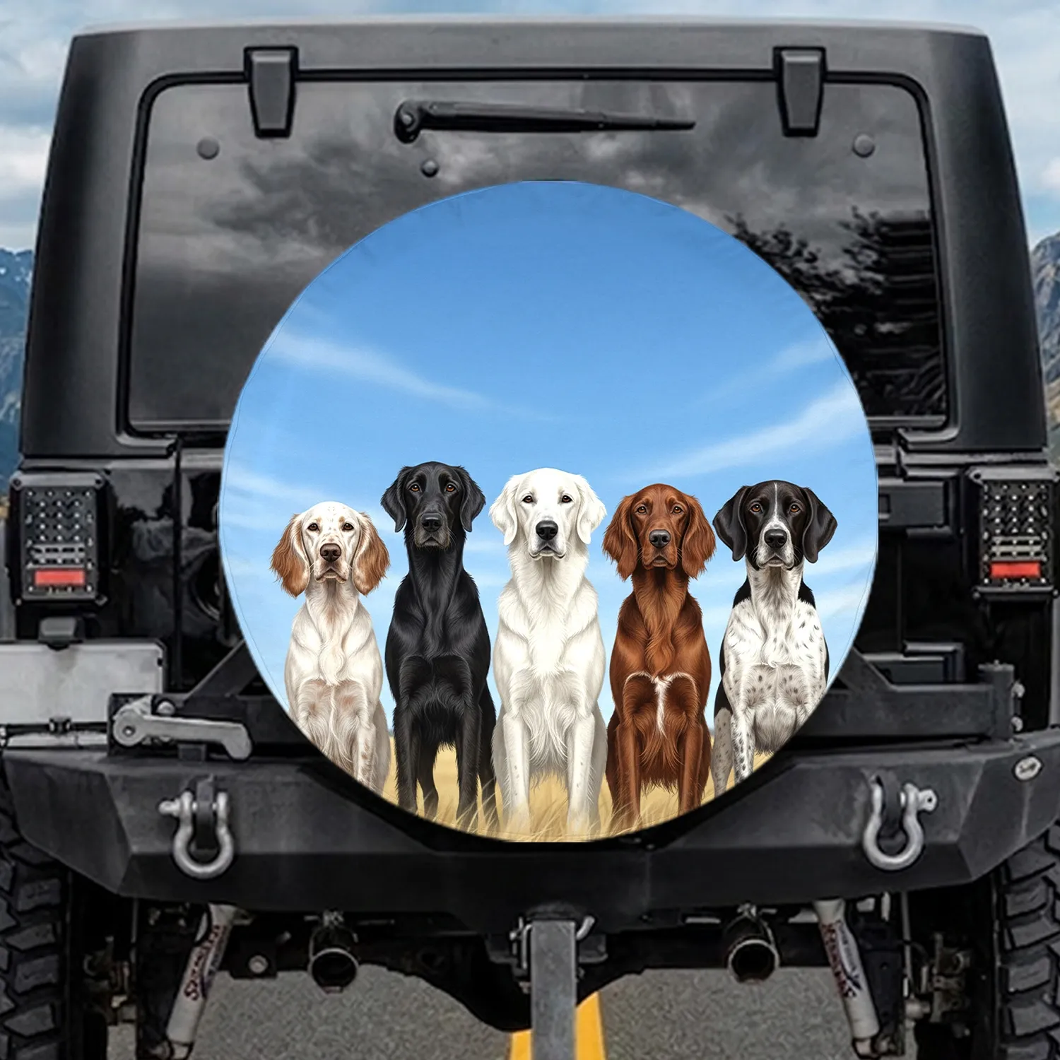 Five Proud Majestic Dogs Diverse Colors Blue Sky Clouds - Wildlife Lover Gift for Dog Lovers Spare Tire Cover - 1