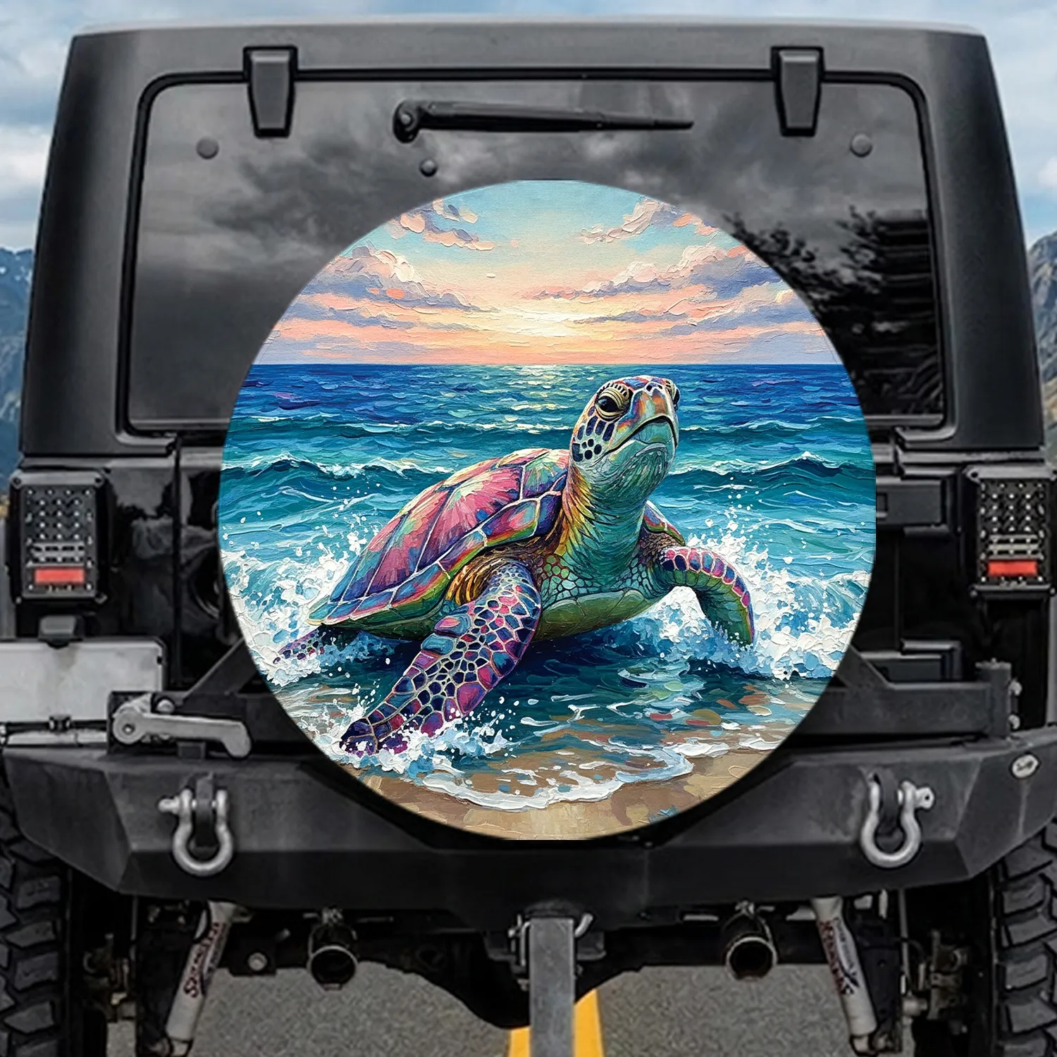 Sea Turtle Ocean Waves Sunset Beach - Wildlife Lover Home Decor Gift Spare Tire Cover - 1