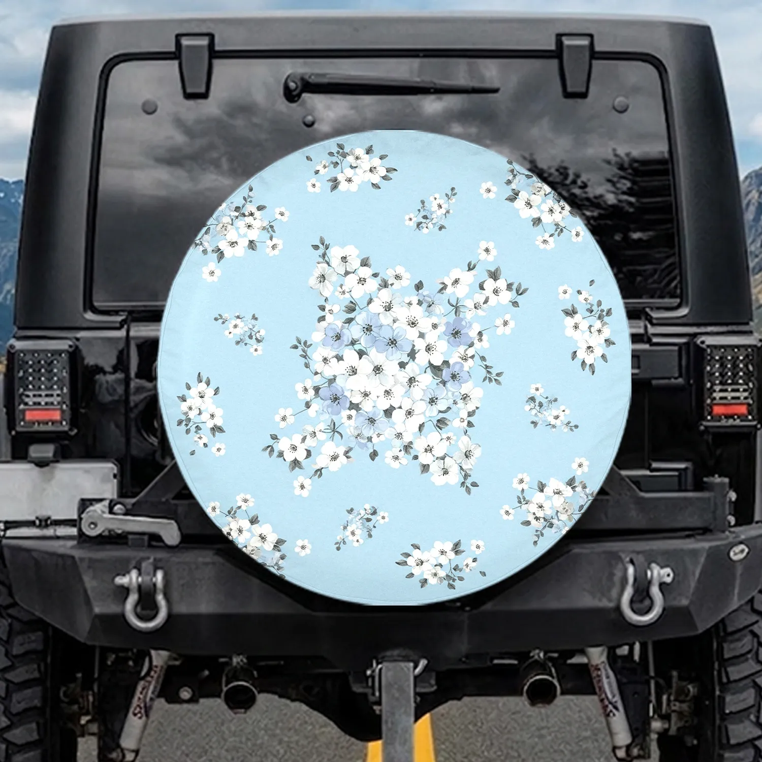 Pastel Sky Blue White Bloom Clusters - Everyday Drive Accessory Spare Tire Cover - 1