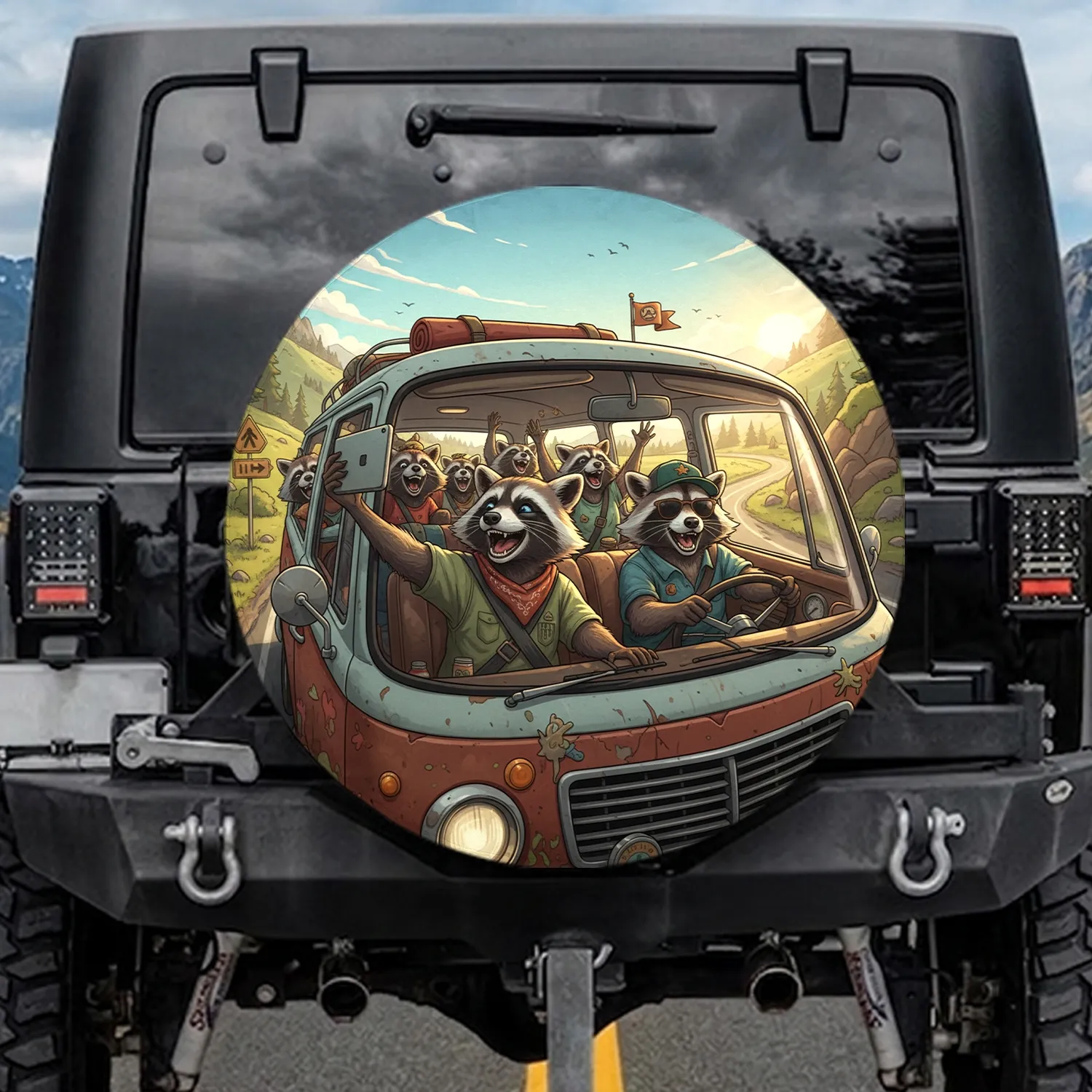 Raccoons Road Trip Scenic Highway Journey Travel Enthusiast Gift Spare Tire Cover - 1
